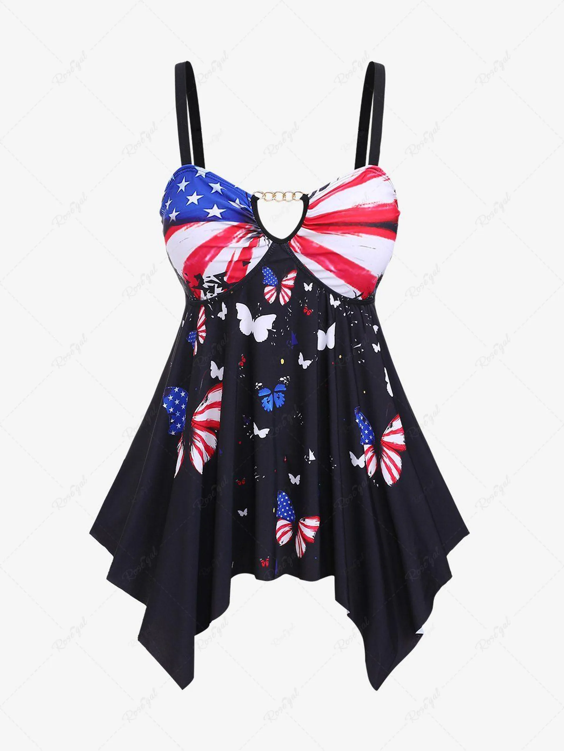 Plus Size Chain Panel Patriotic American Flag Butterfly Print Tankini Swimsuit - 4x | Us 26-28