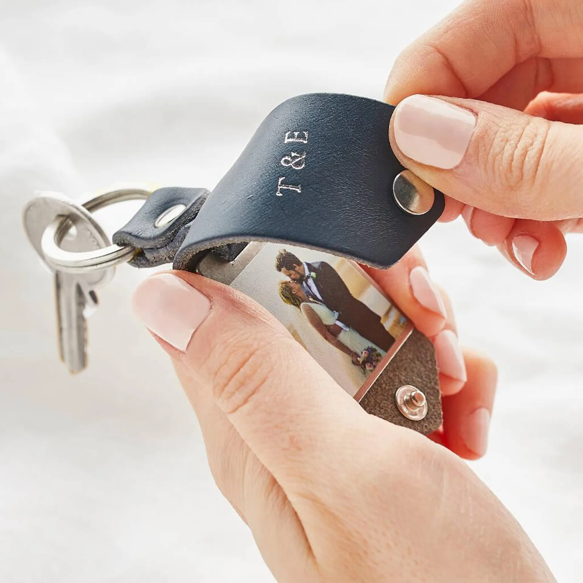 Personalised Metal Photo Keyring With Navy Leather Case