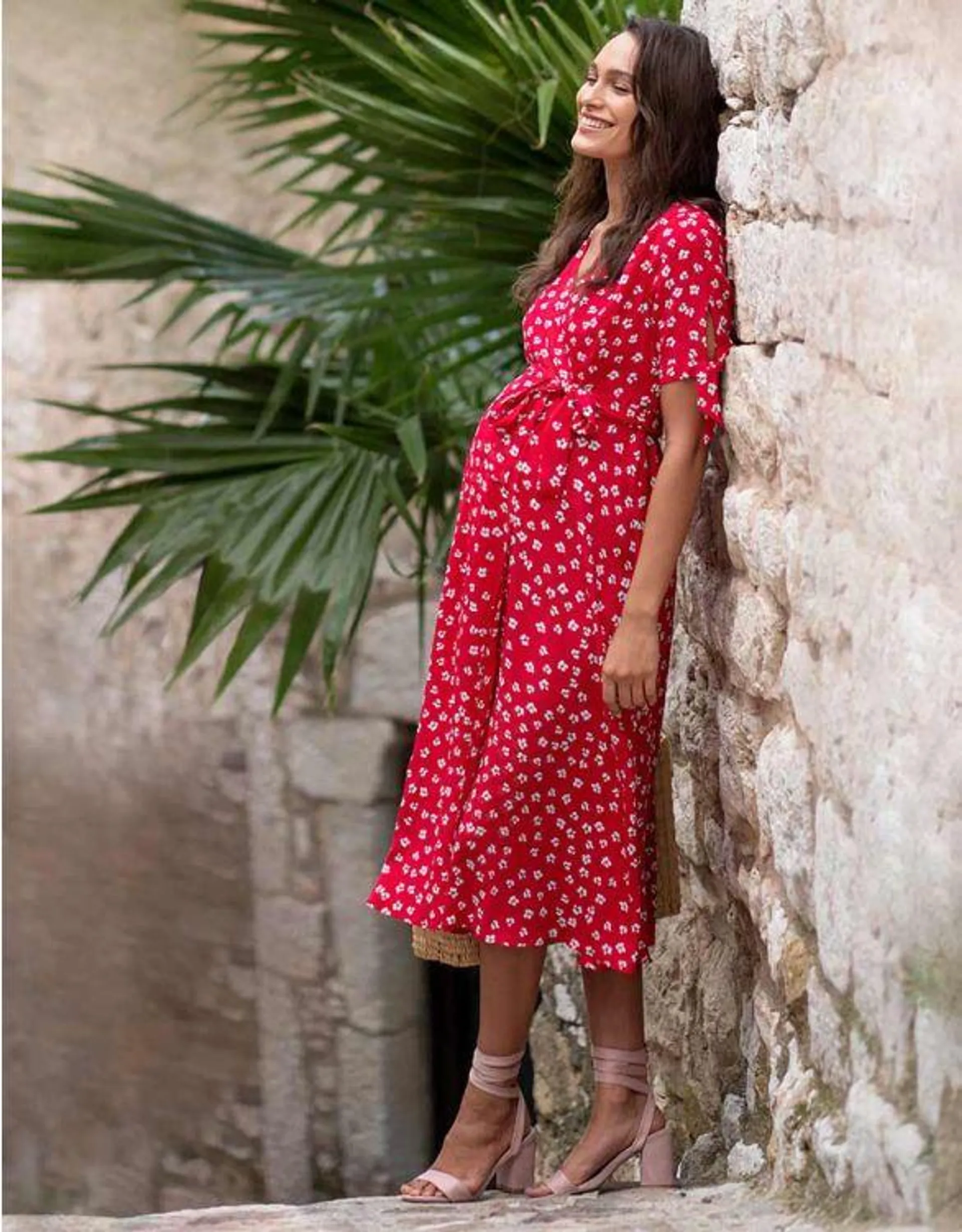 Red Midi Wrap Maternity Dress