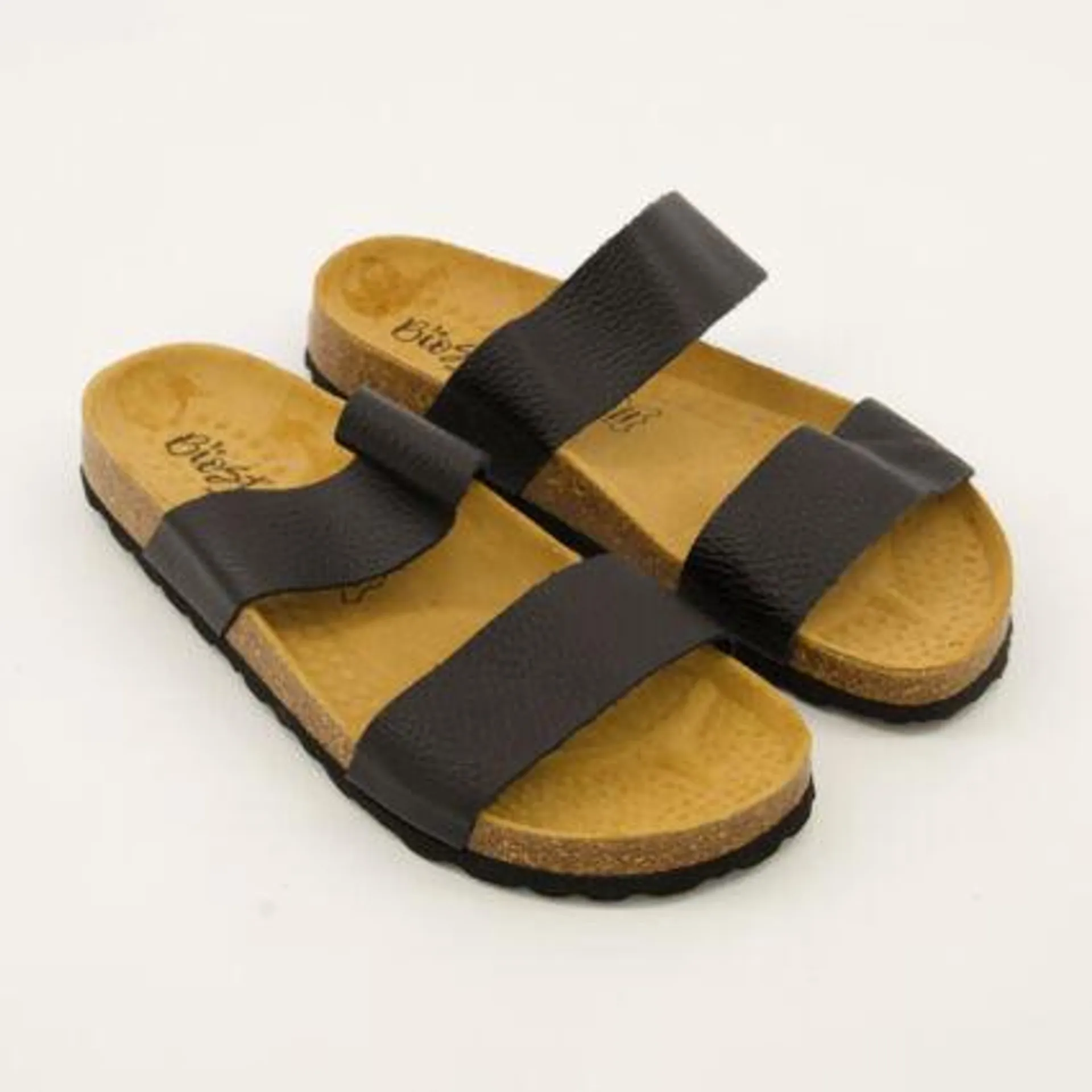 Black Leather Two Band Flat Sandals