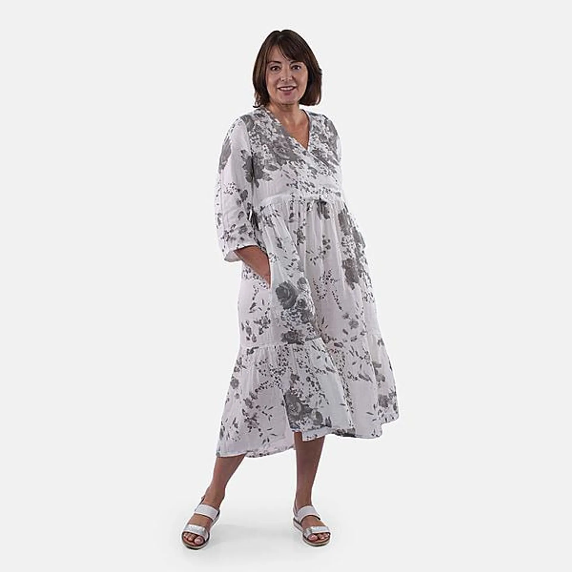 TAMSY 100% Cotton Tiered Floral Maxi Dress - Grey