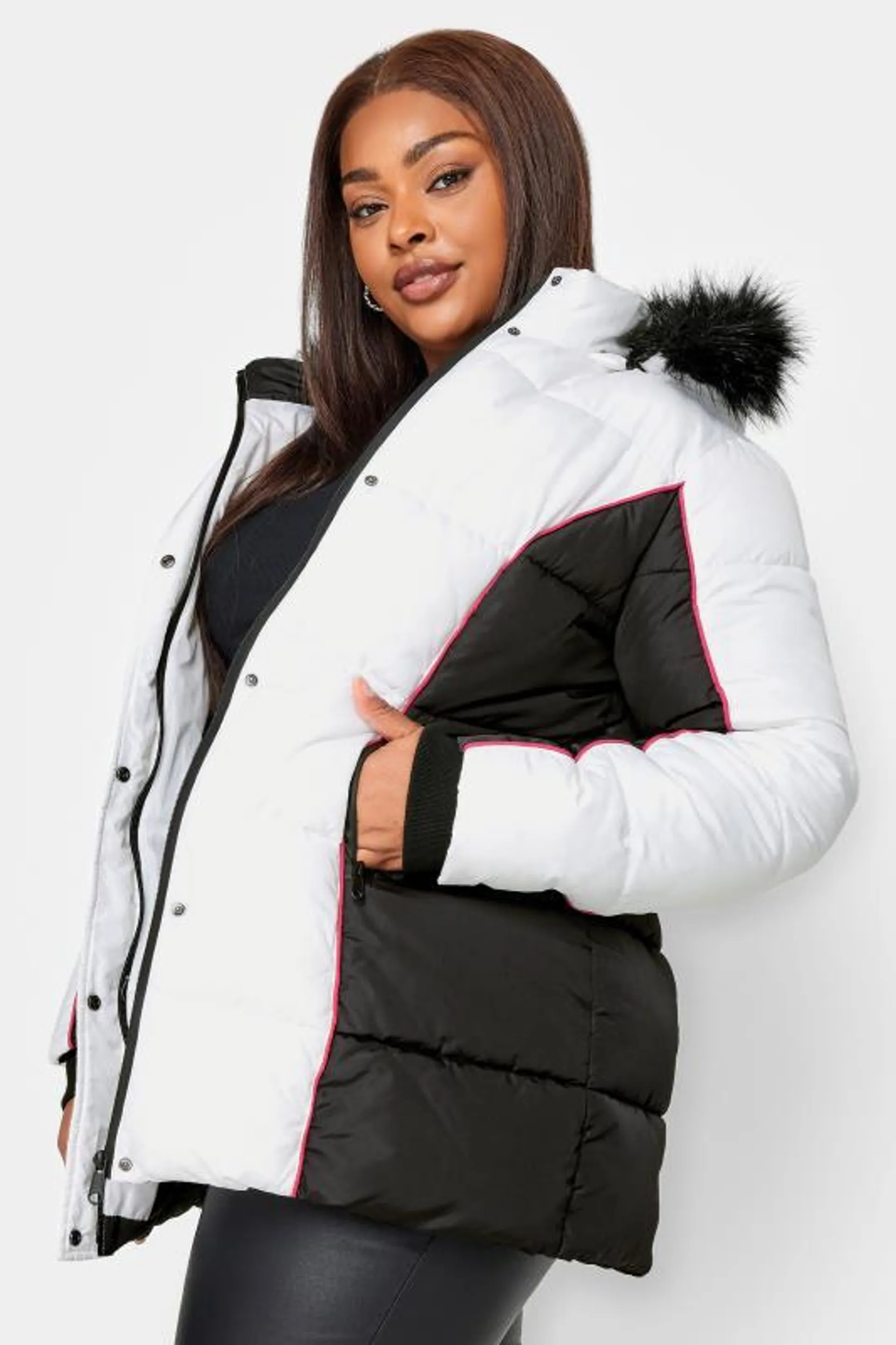 YOURS Curve White & Black Colourblock Hooded Puffer Jacket