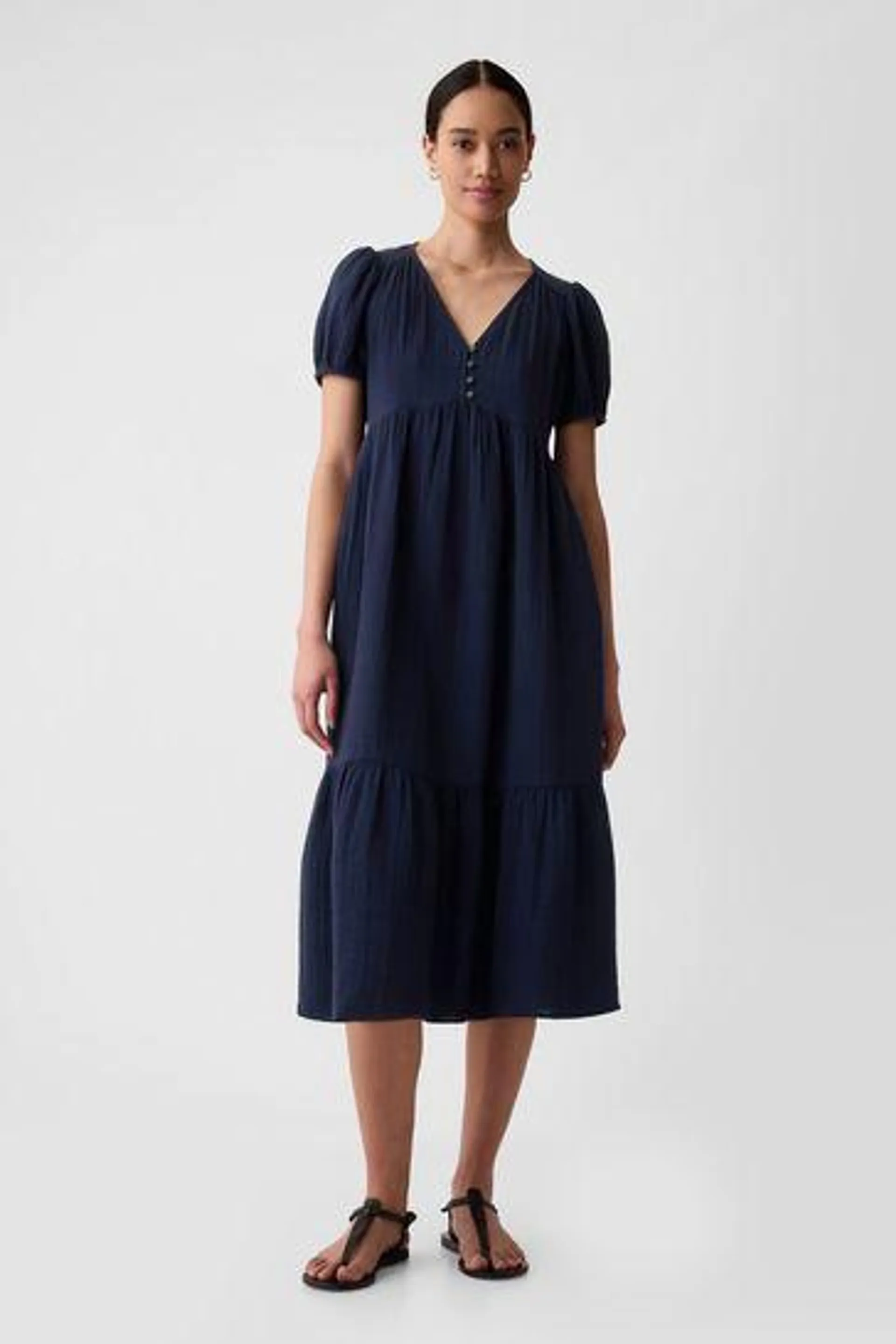 Crinkle Gauze V Neck Midi Dress