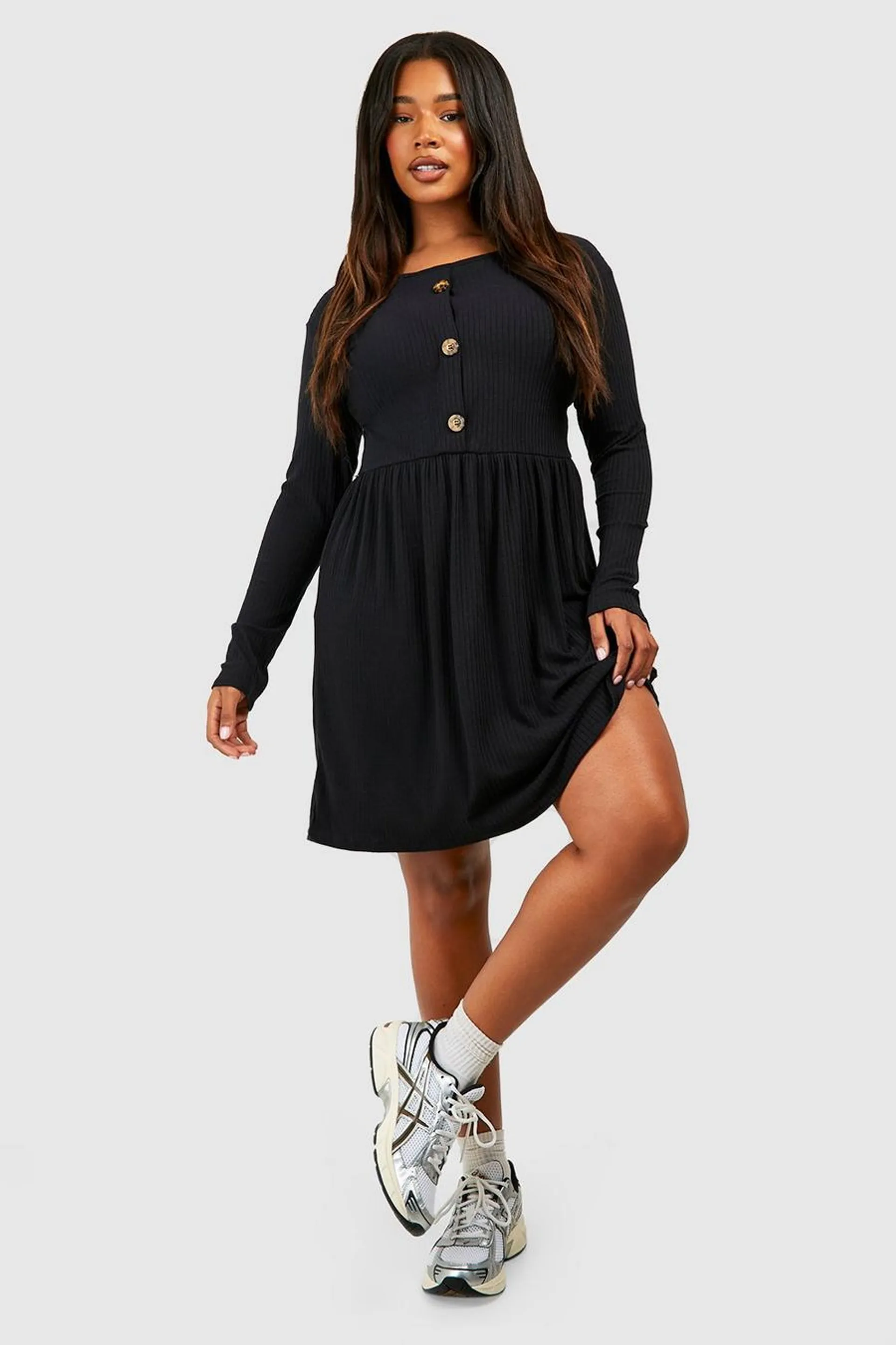 Plus Soft Rib Button Smock Dress