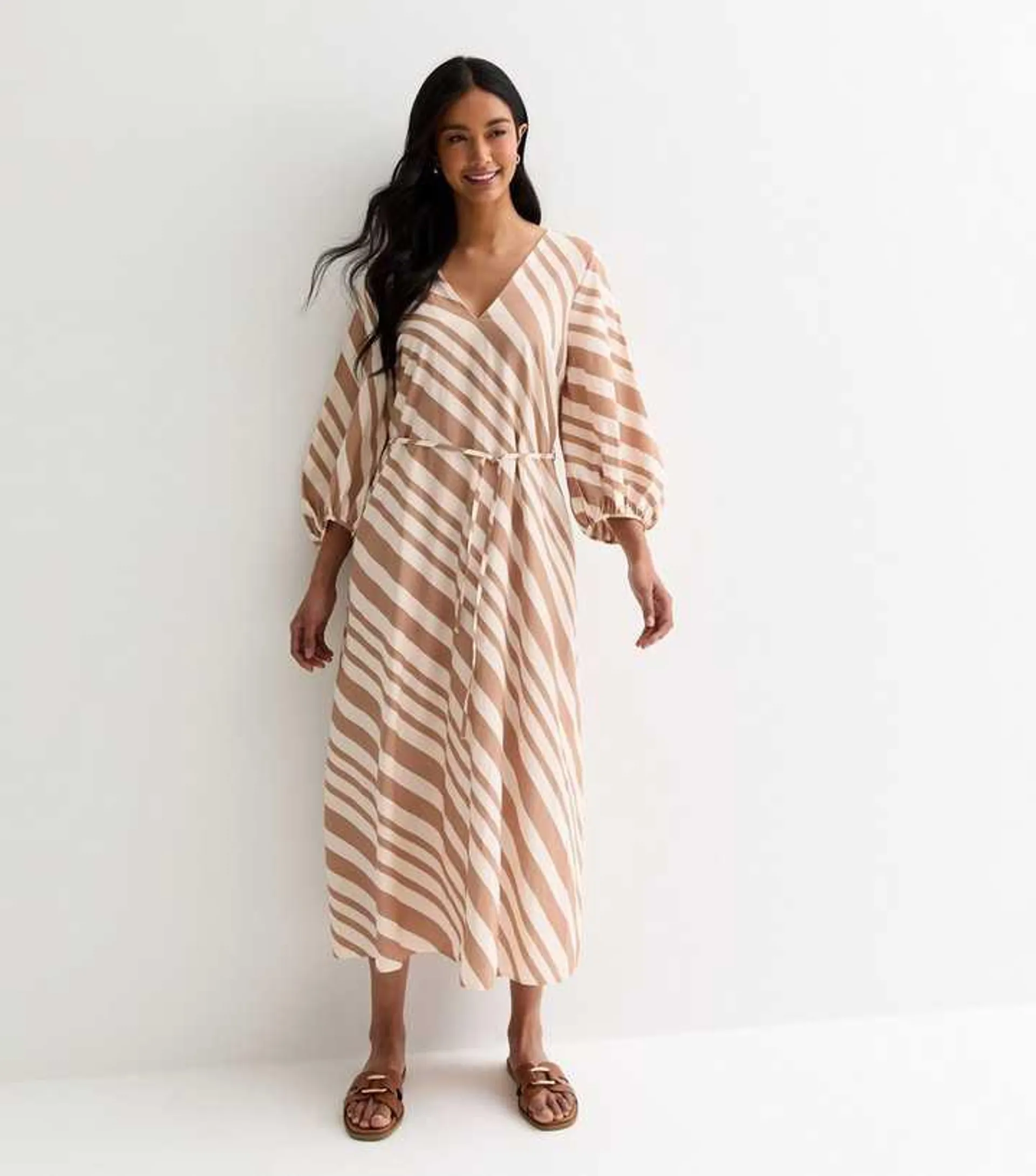 Off White Stripe V Neck Midi Dress