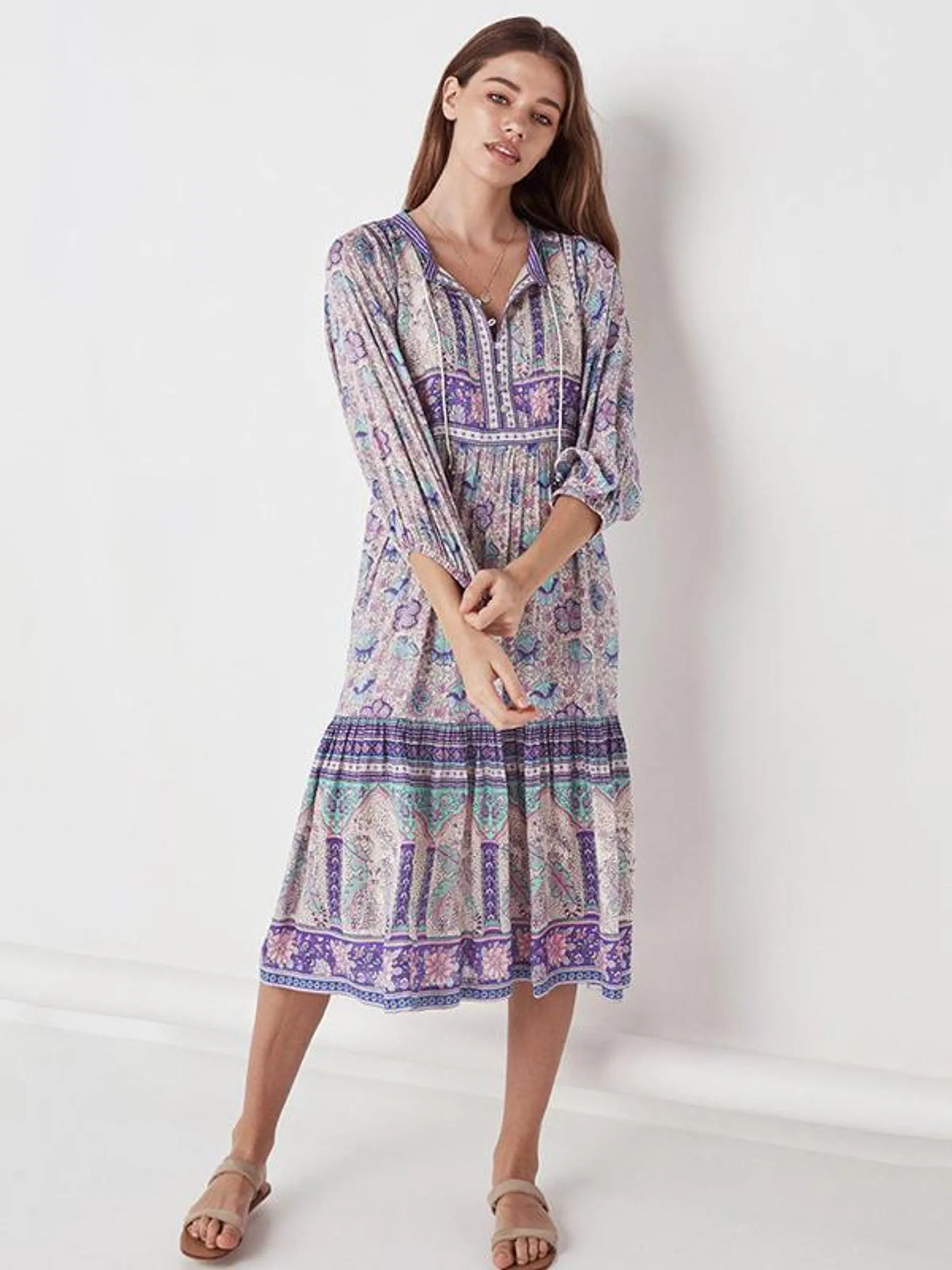 Boho Dress V-Neck 3/4 Length Sleeves Printed Summer Dress