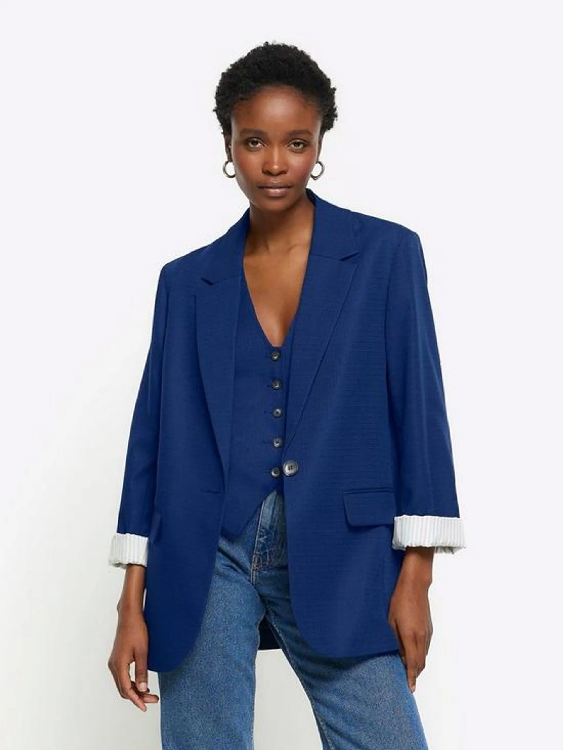 Relaxed Roll Sleeve Blazer - Navy