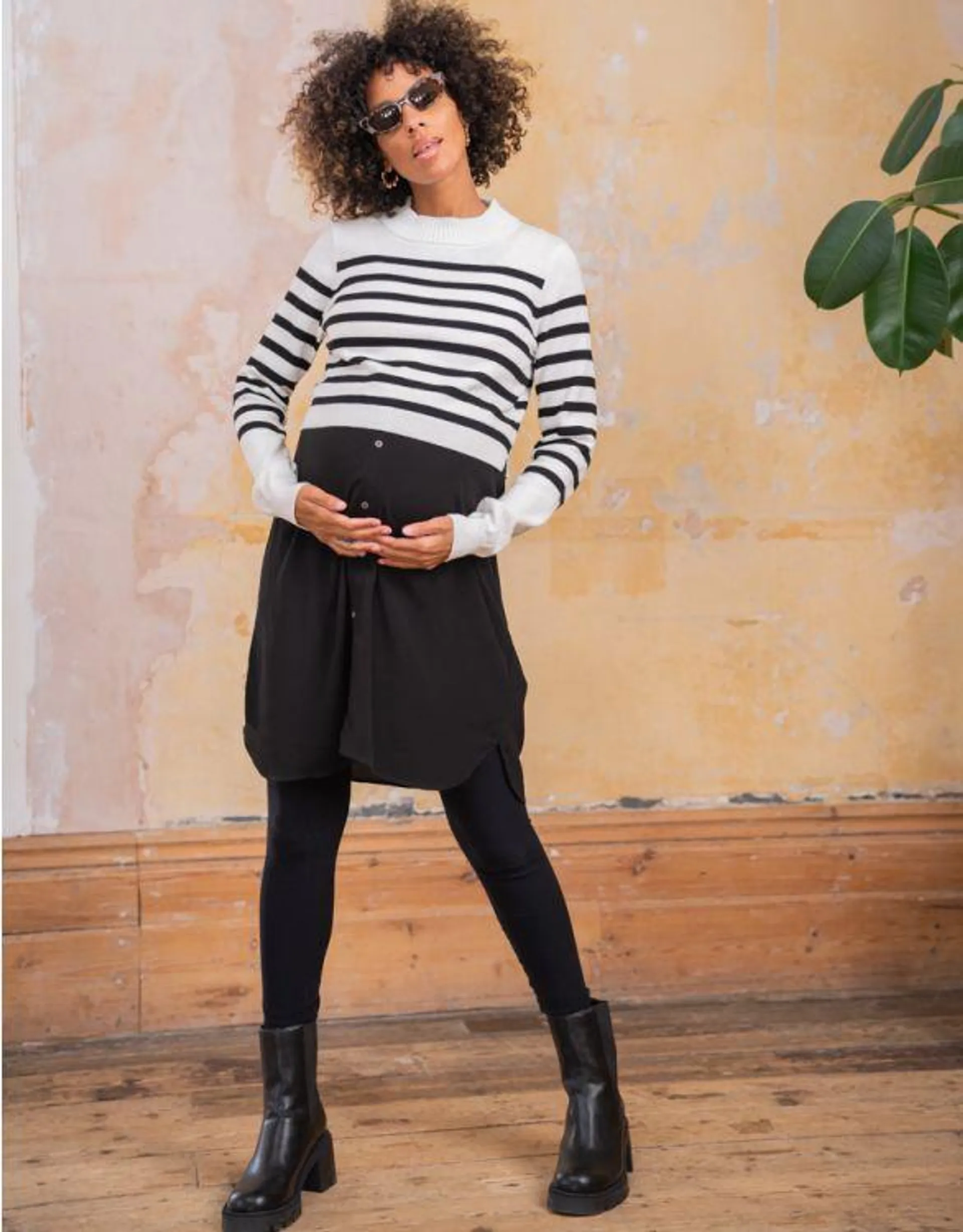 Black Maternity & Nursing Dress with Breton Jumper