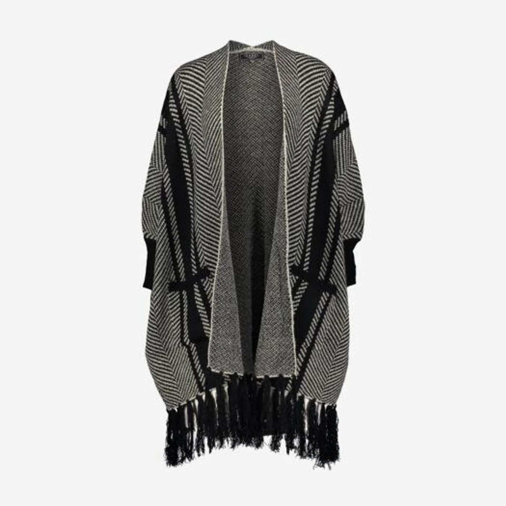 Black & Cream Open Front Knit Cardigan Fringe detail