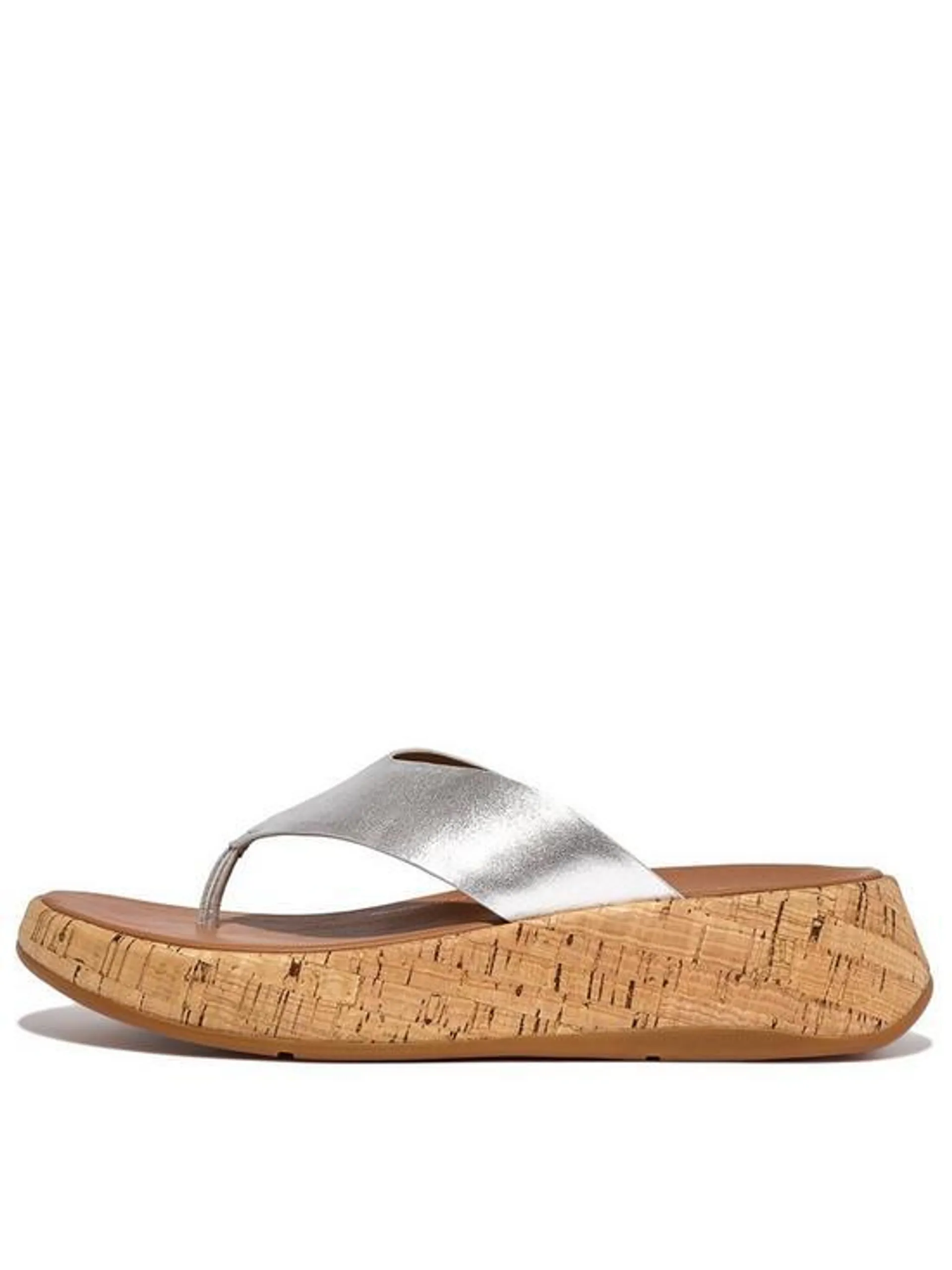 F-mode Leather Cork Flatform Toe-post Sandals - Silver