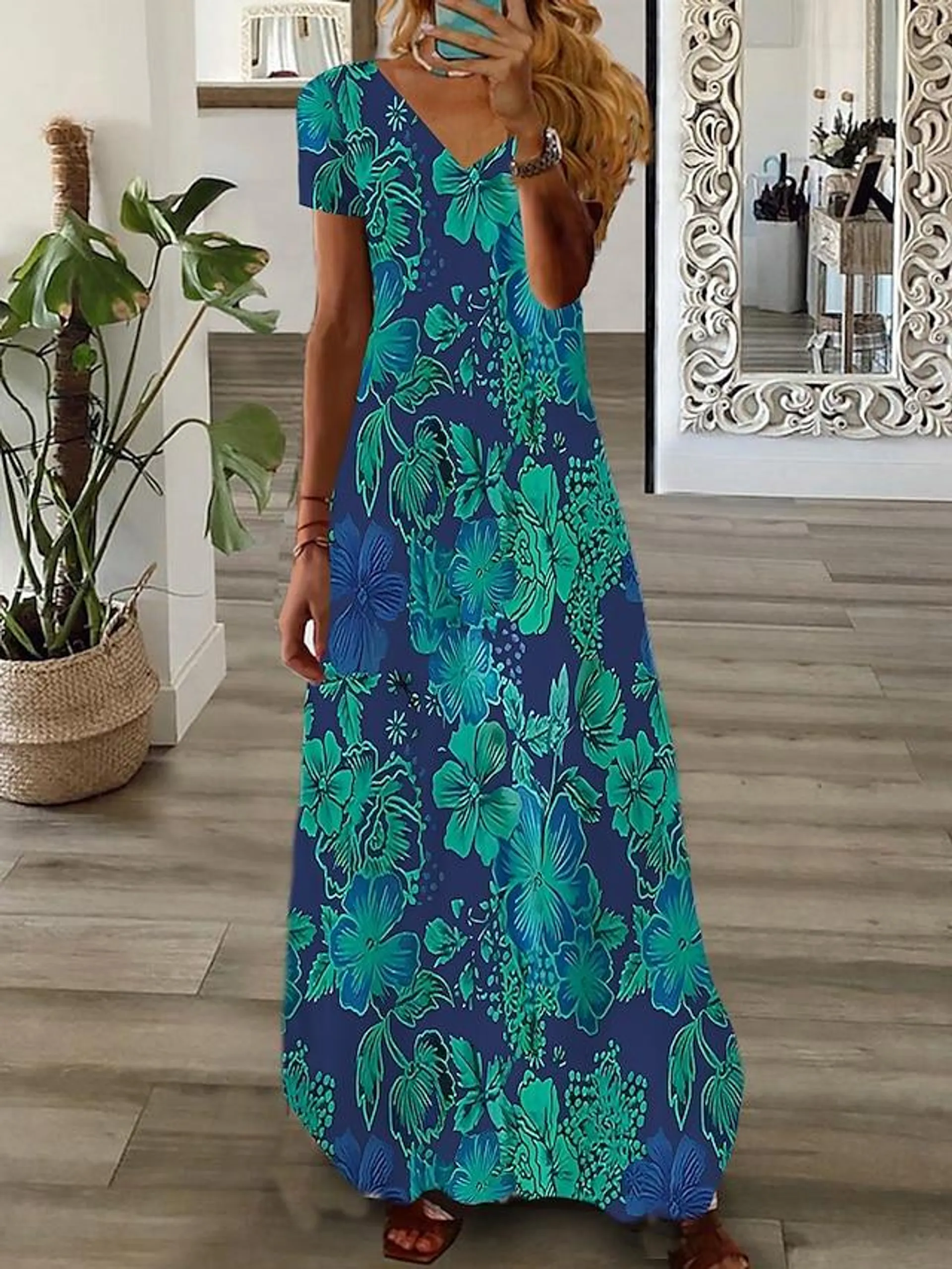 dames lange jurk maxi jurk casual jurk print jurk grafisch bloemen mode modern dagelijks vakantie vakantie korte mouw v-hals jurk regular fit wit roze wijn zomer lente s m l xl 2xl 3xl 4xl 5xl