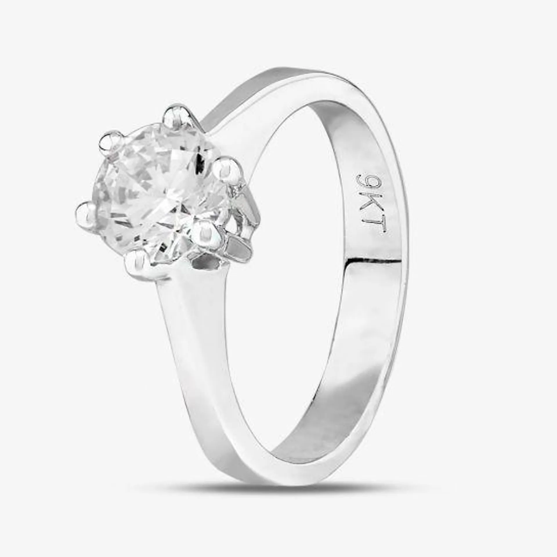 9ct White Gold Clear Crystal Six Claw Solitaire Ring