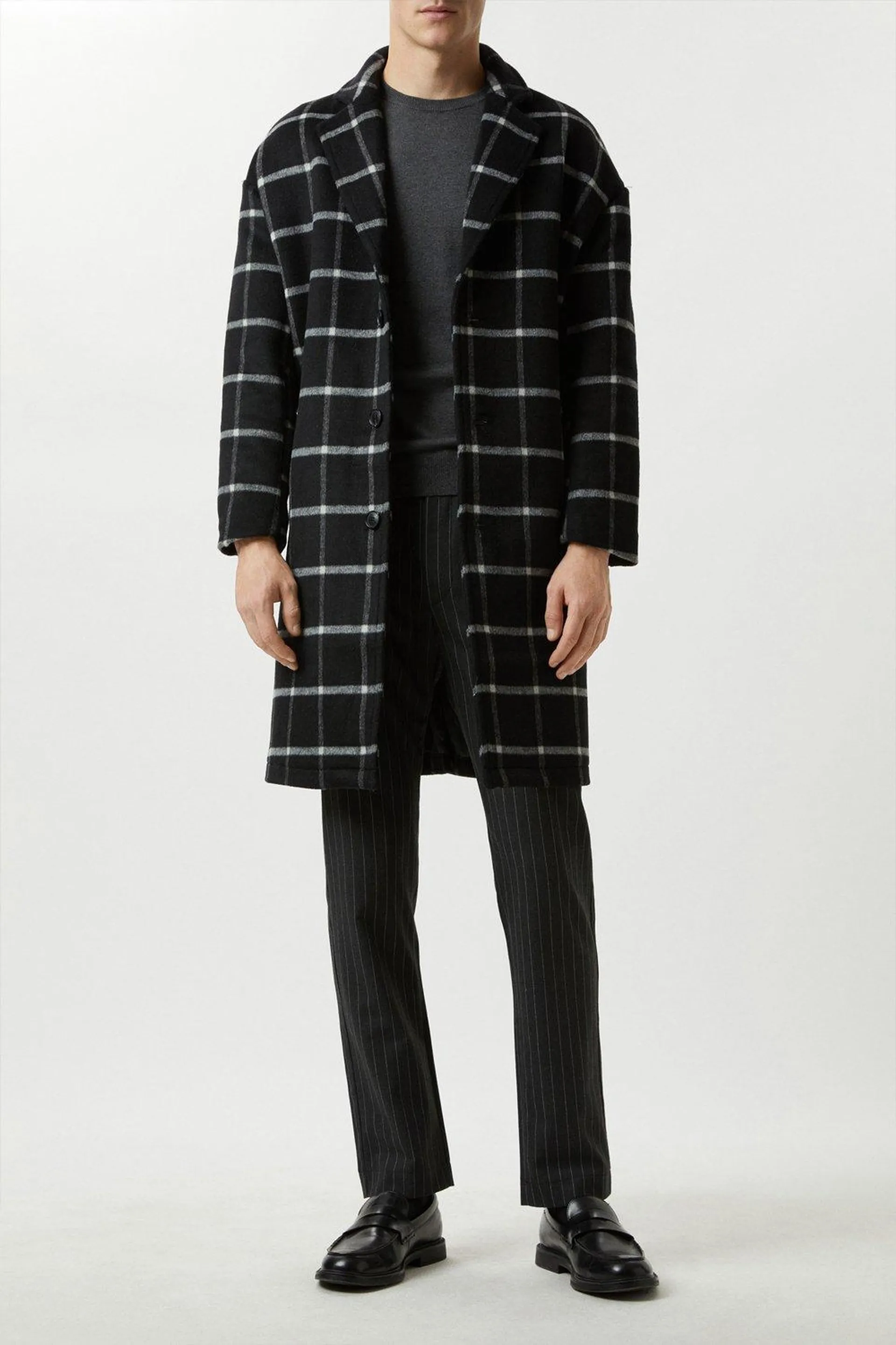 Relaxed Fit Wool Checked Overcoat