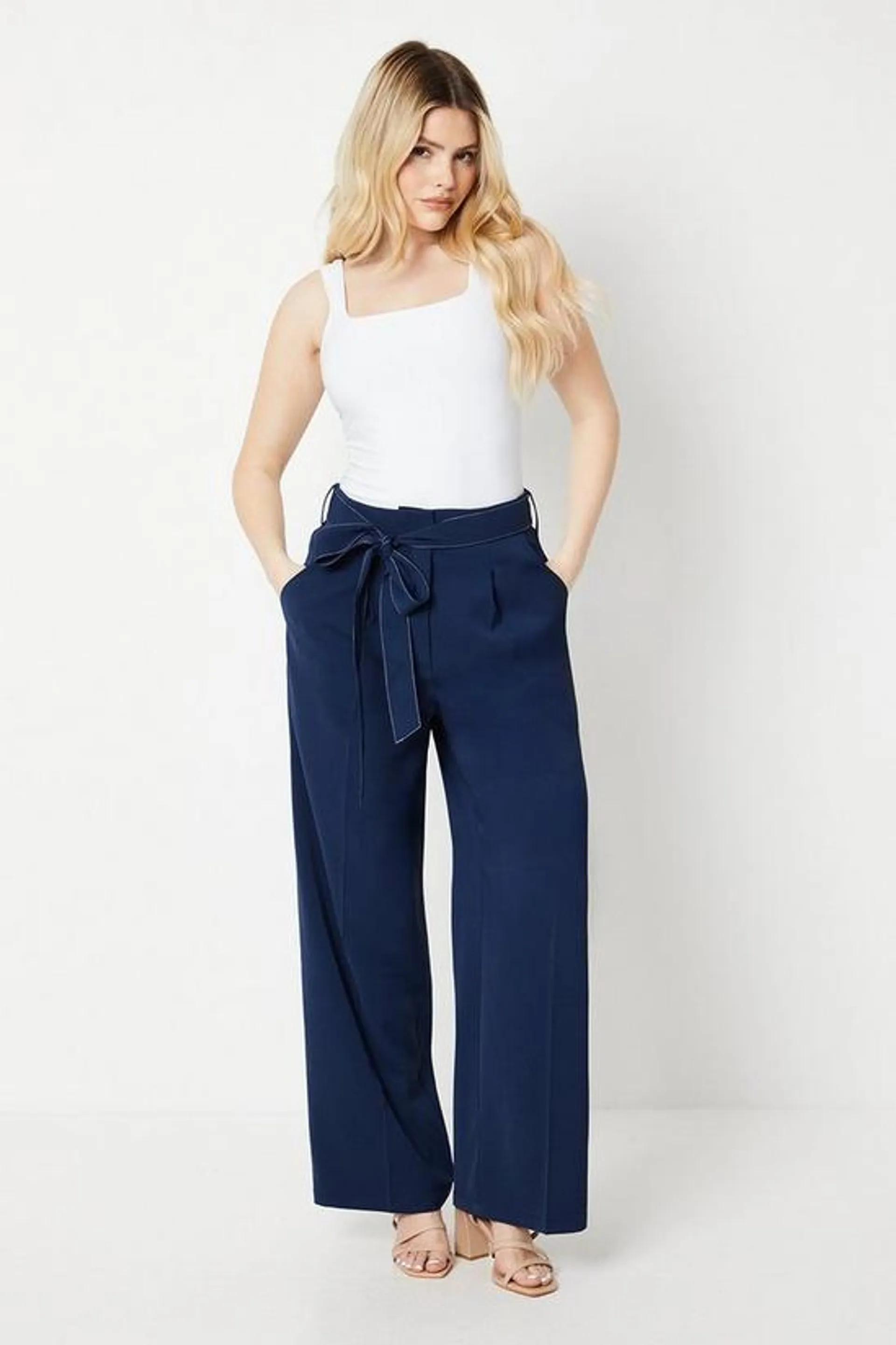 Top Stitch Belted Straight Leg Trouser