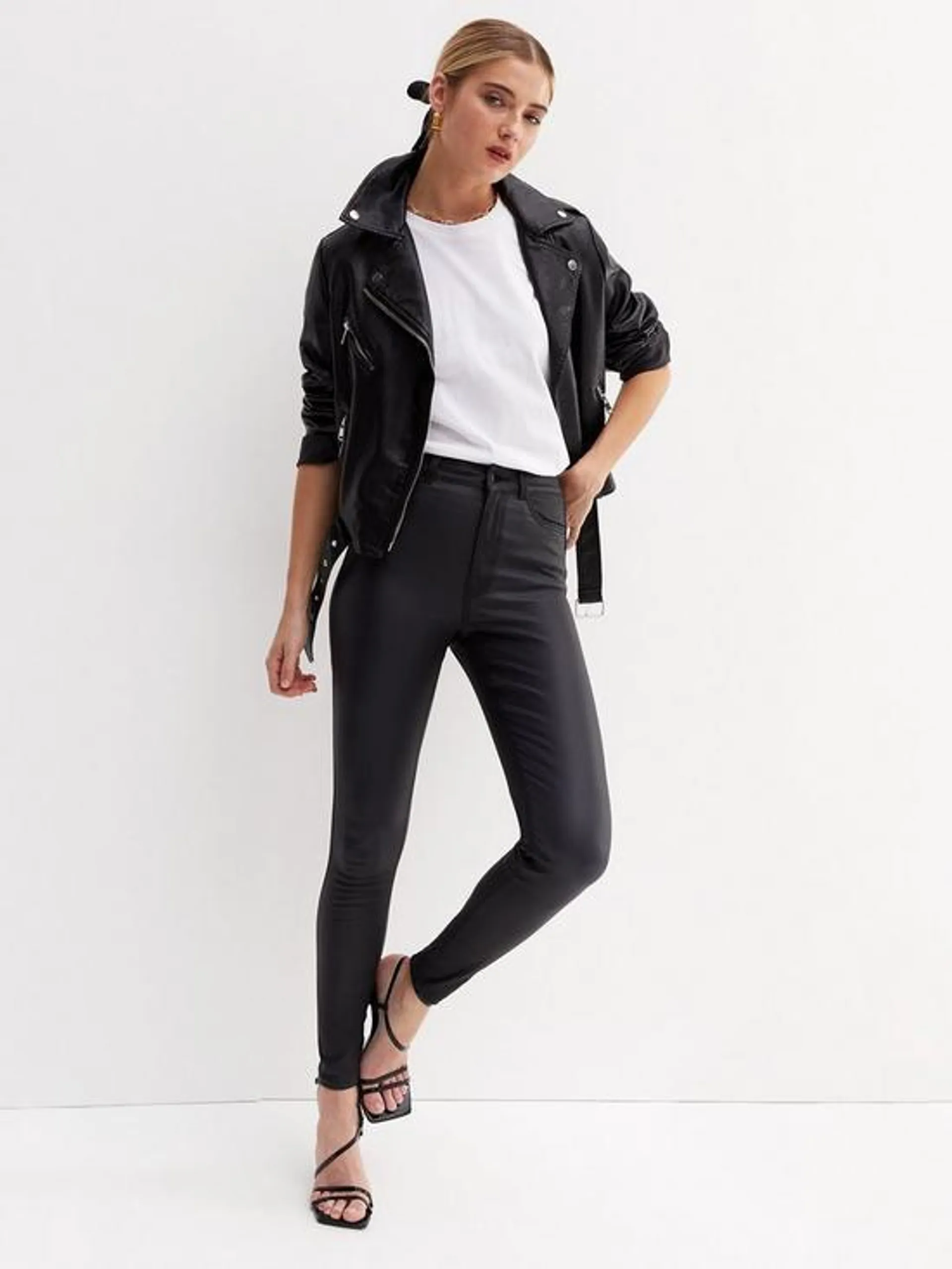Coated Leather-Look Lift & Shape Jenna Skinny Jeans - Black