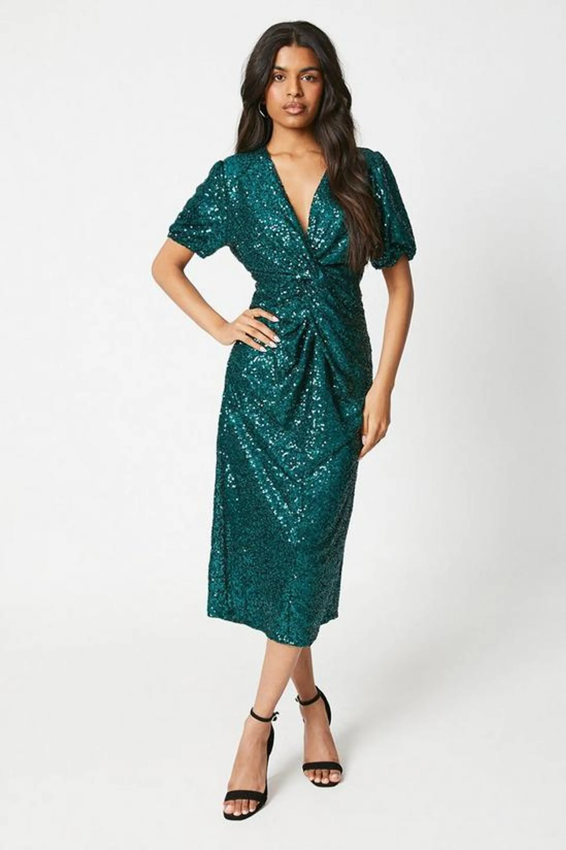 Petite Sequin Puff Sleeve Twist Midi Dress