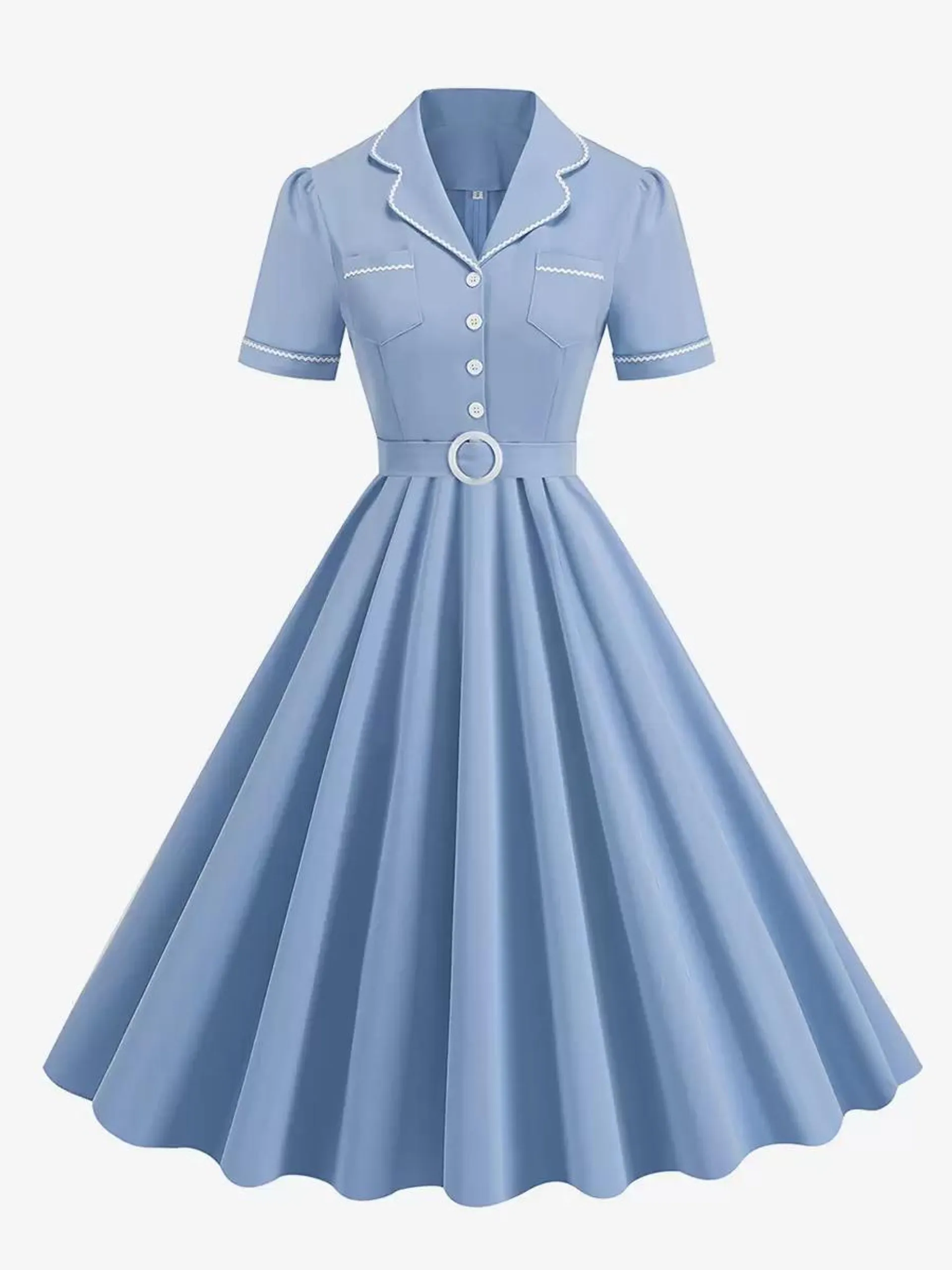 Retro Dress 1950s Audrey Hepburn Style Turndown Collar Sash Short Sleeves Two-Tone Medium Blue Swing Dress