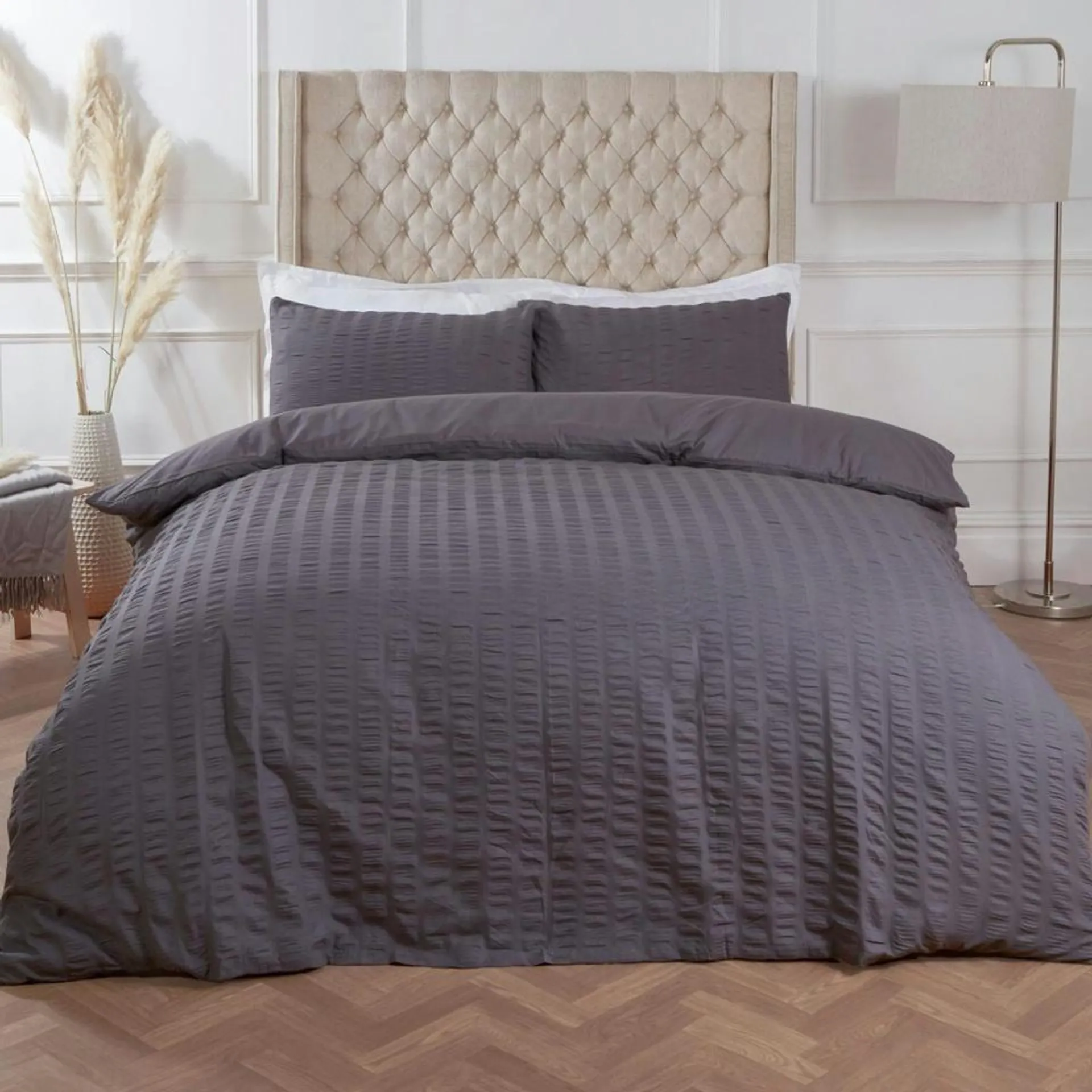 Highams Seersucker Duvet Cover and Pillowcase Bedding Set, Super King - Charcoal