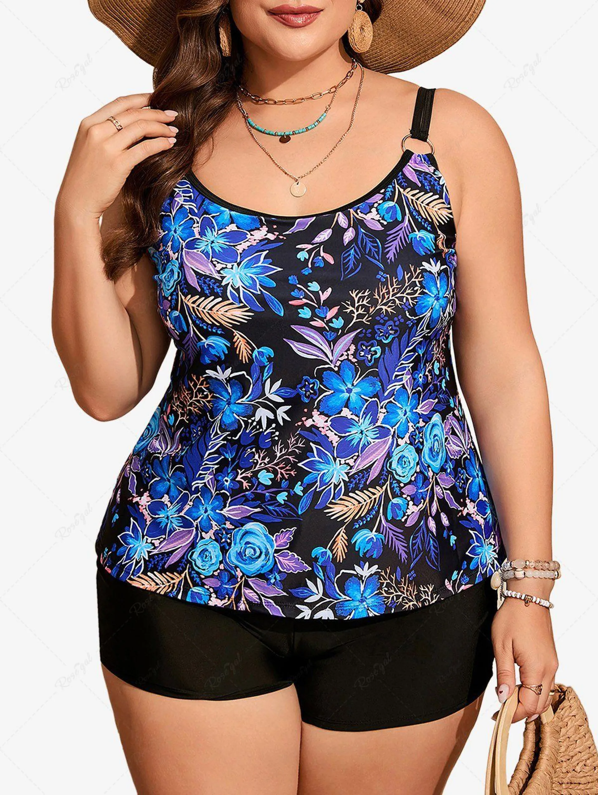 Plus Size Flowers Palm Leaf Print Hawaii Boyleg Tankini Swimsuit - 6xl