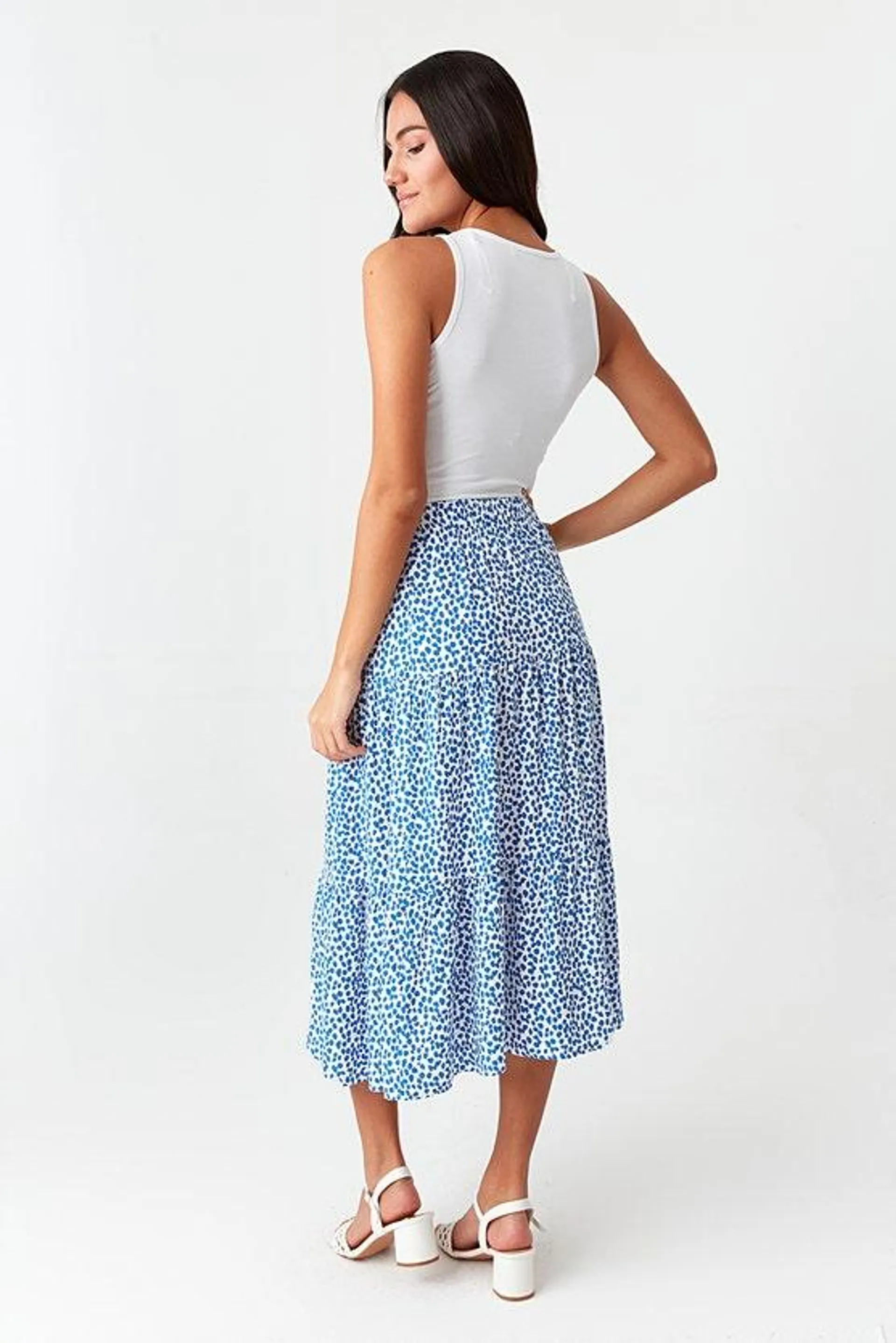 Blue Non Print Tiered Midi Skirt