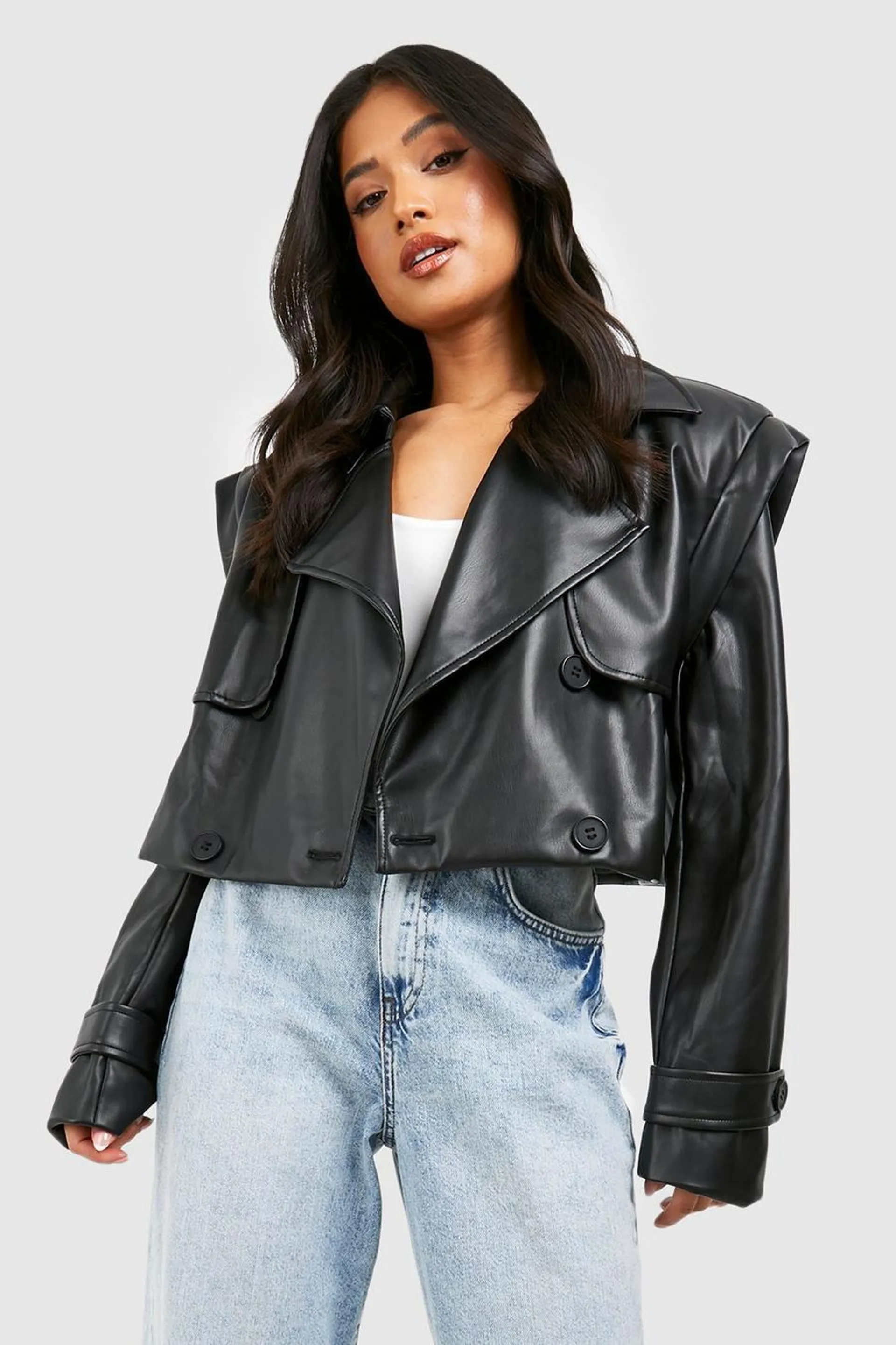 Petite Faux Leather Short Trench