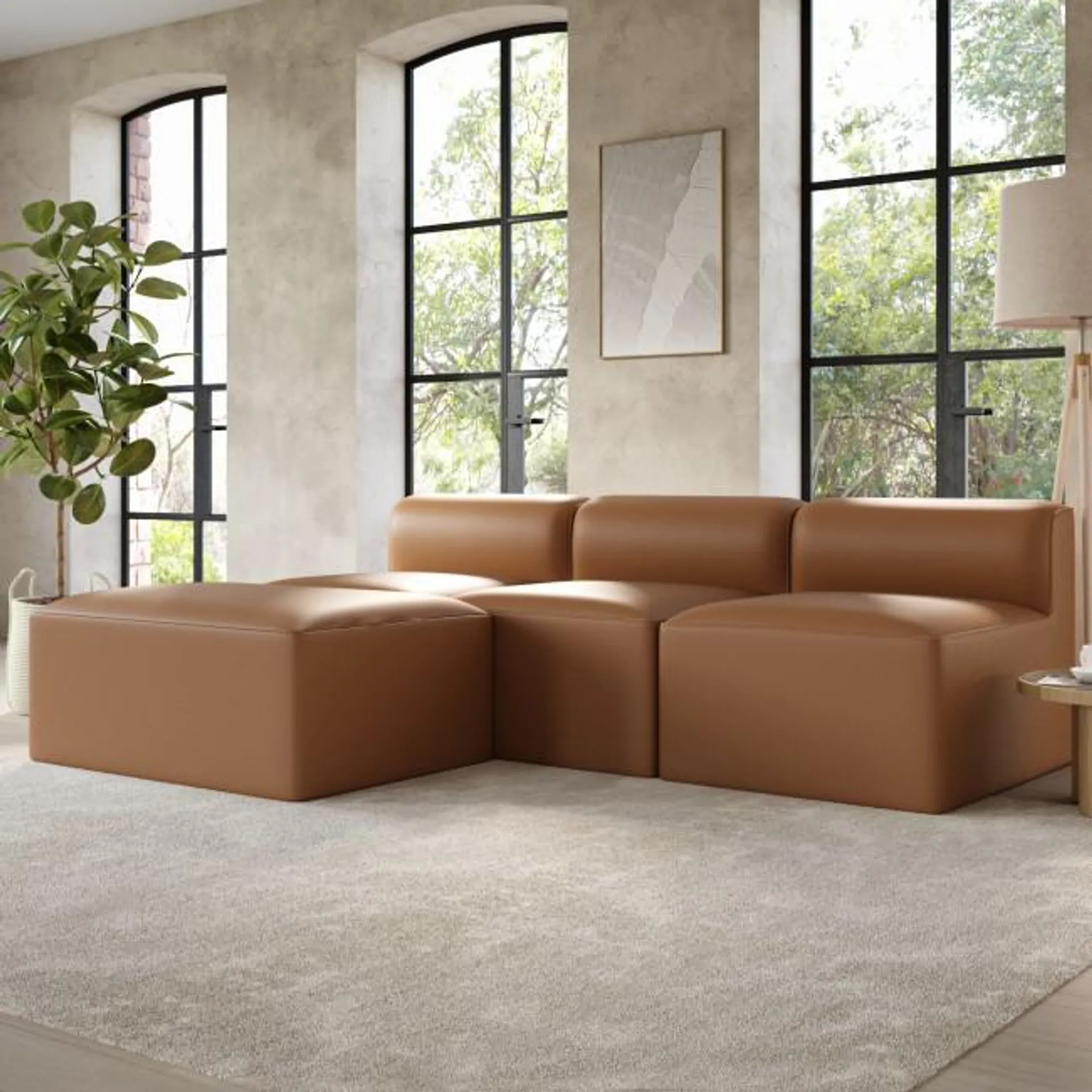 Tan Faux Leather Corner Sofa - Seats 3 - Hendrix