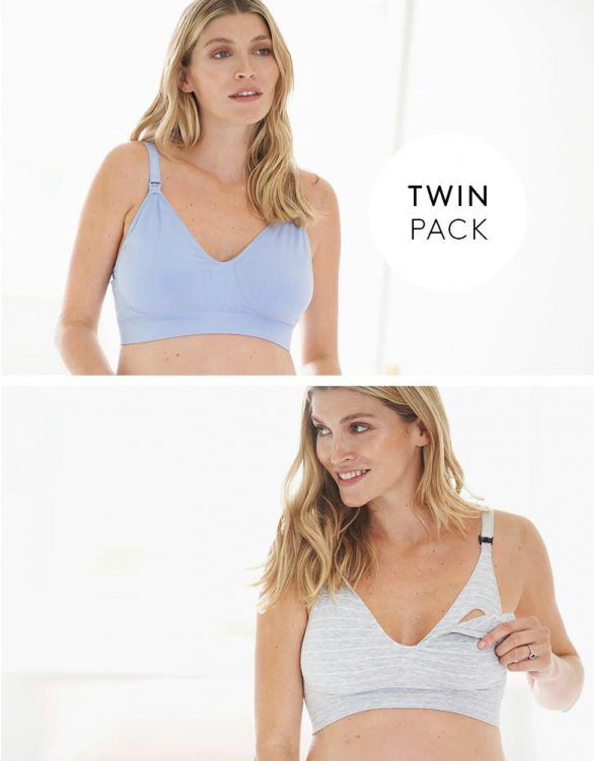 Two Pack Essential Cotton Maternity & breastfeeding Bras in Grey Stripe and Blue