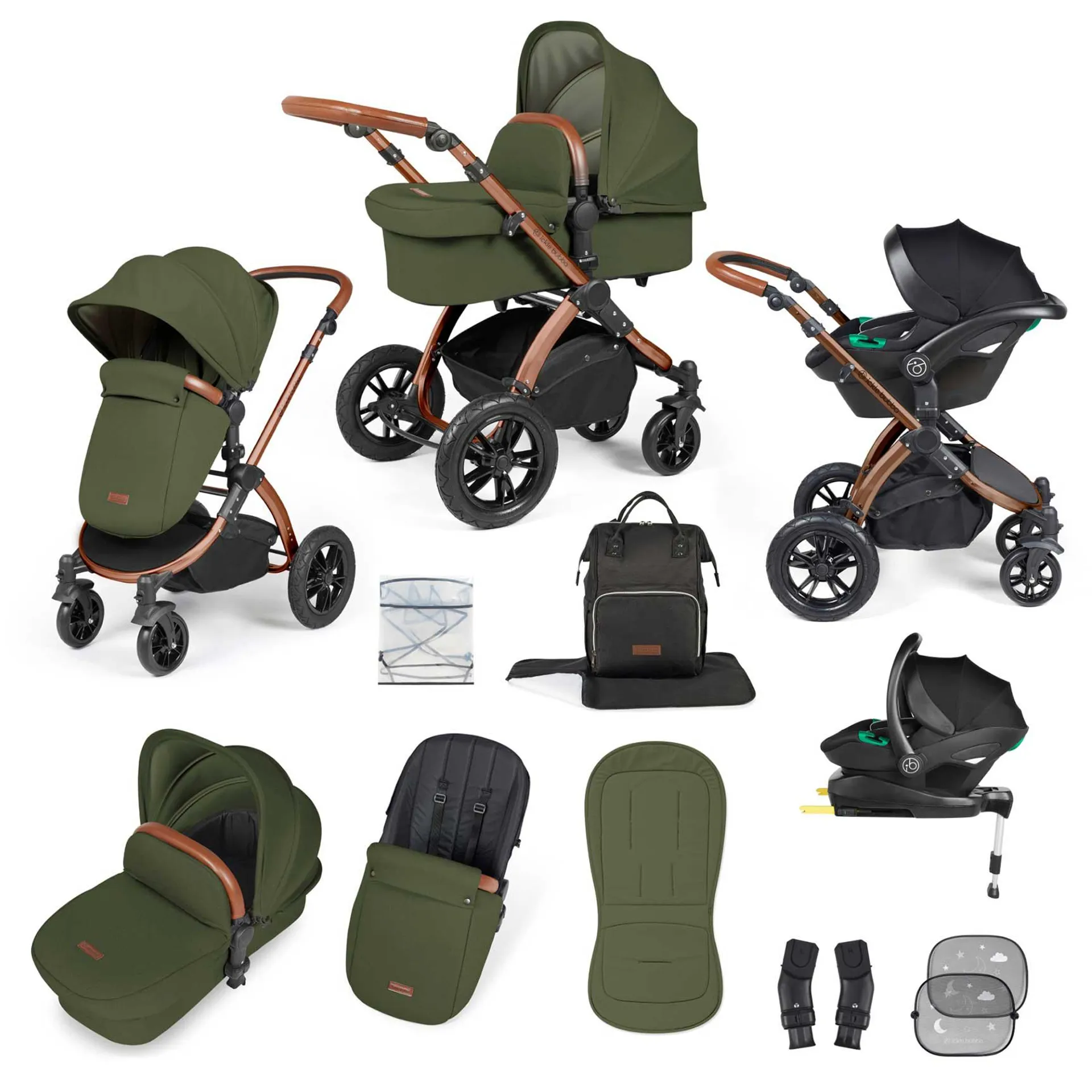 Ickle Bubba Stomp Luxe All-in-One Travel System with Isofix Base in Bronze/Woodland/Tan