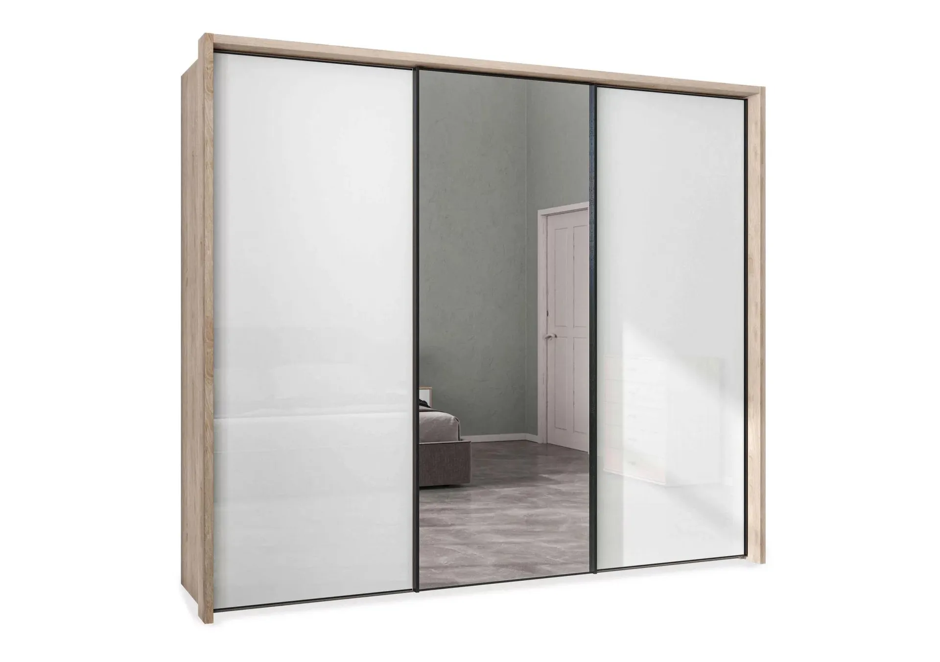 Dallas 260cm 3 Door Sliding Glass Wardrobe with Centre Mirror Door