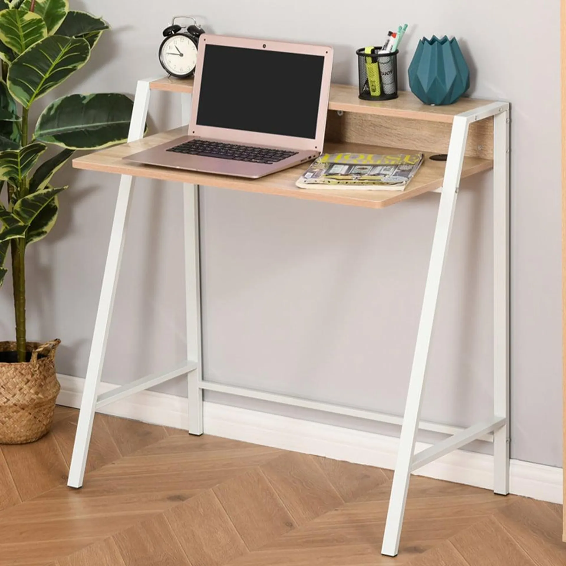 Portland 2 Tier Metal Frame Desk Oak Effect