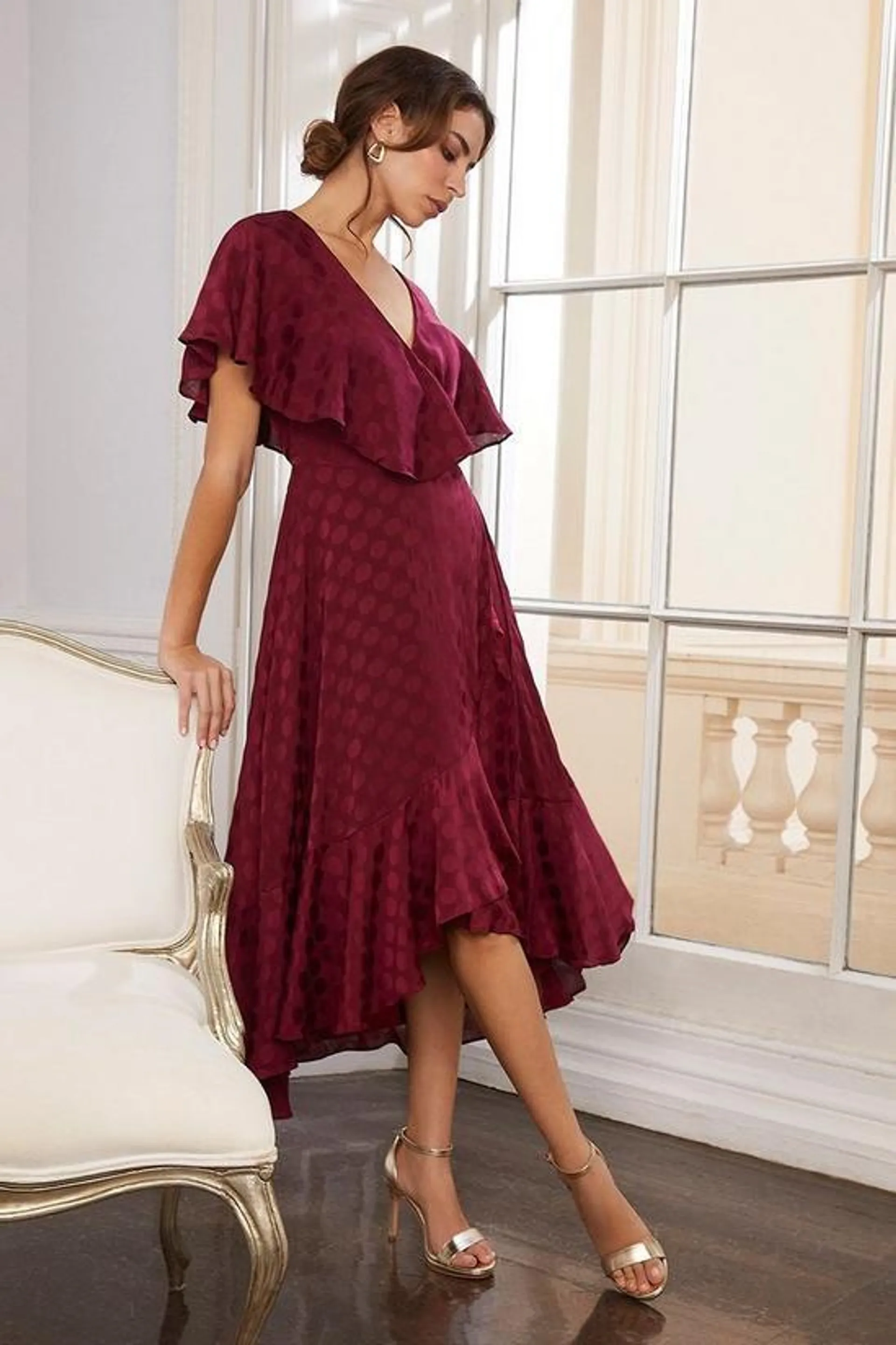 Jacquard Spot Ruffle Wrap Midaxi Dress