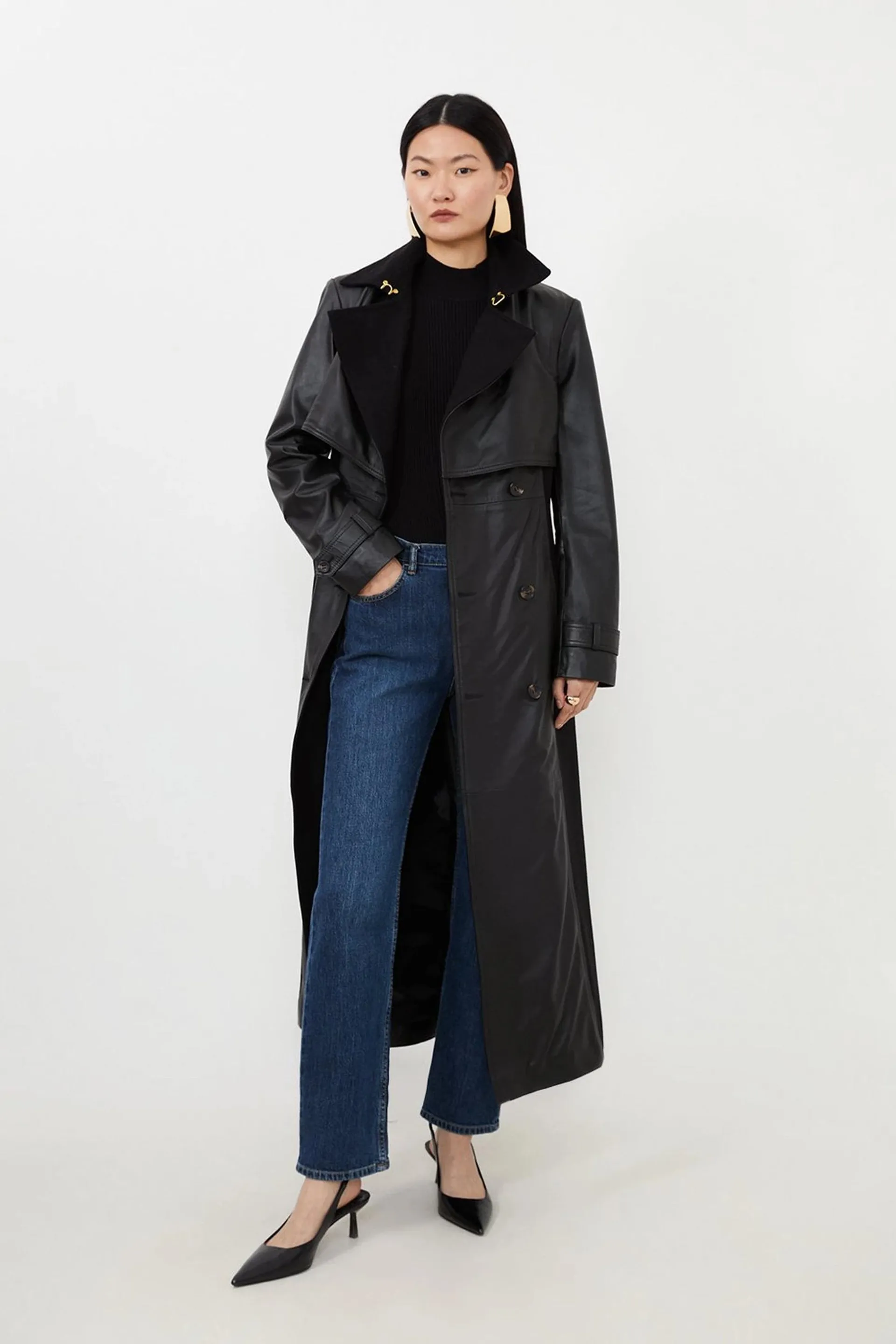 Leather And Wool Mix Belted Trench Coat