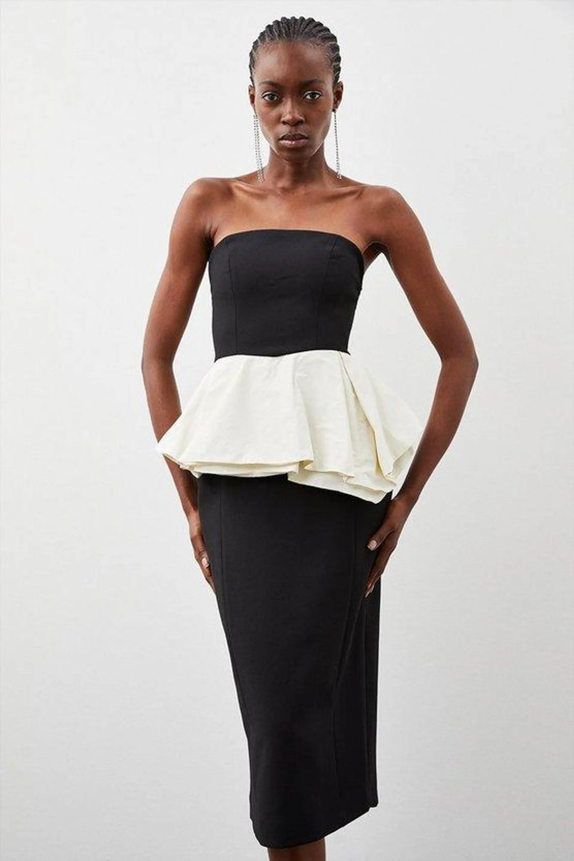 Compact Stretch Double Ruffle Bandeau Midi Dress