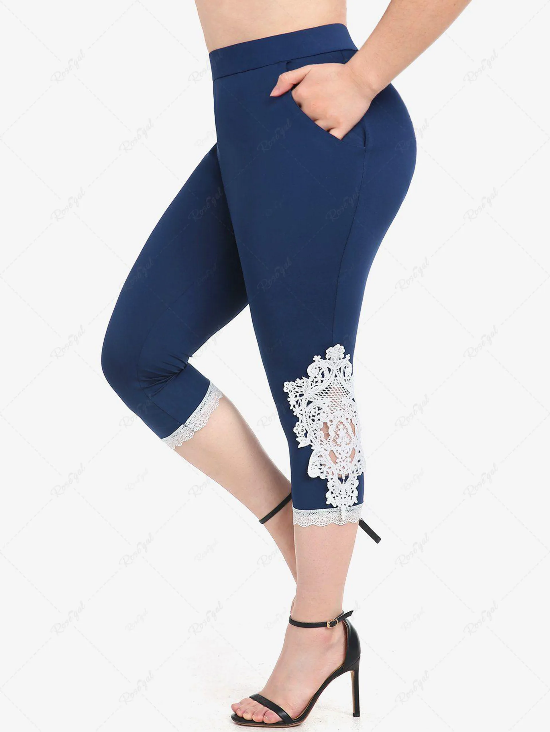 Plus Size Lace Panel Capri Leggings with Pocket - 3x | Us 22-24