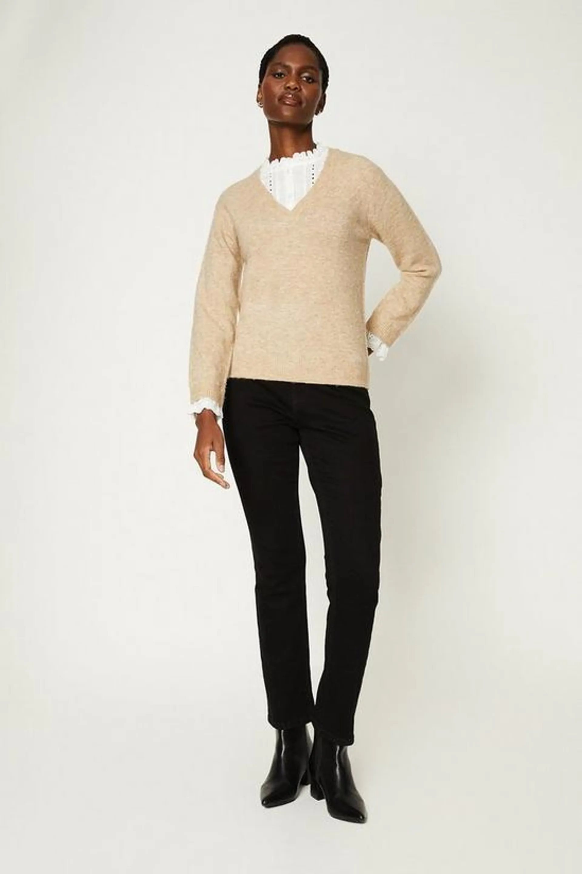 V Neck Jumper With Shirt Collar