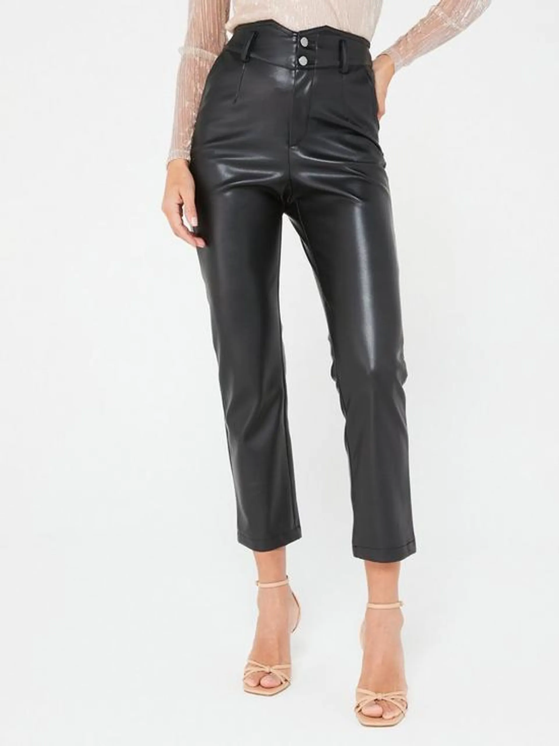 Faux Leather High Waist Ankle Grazer Trousers - Black