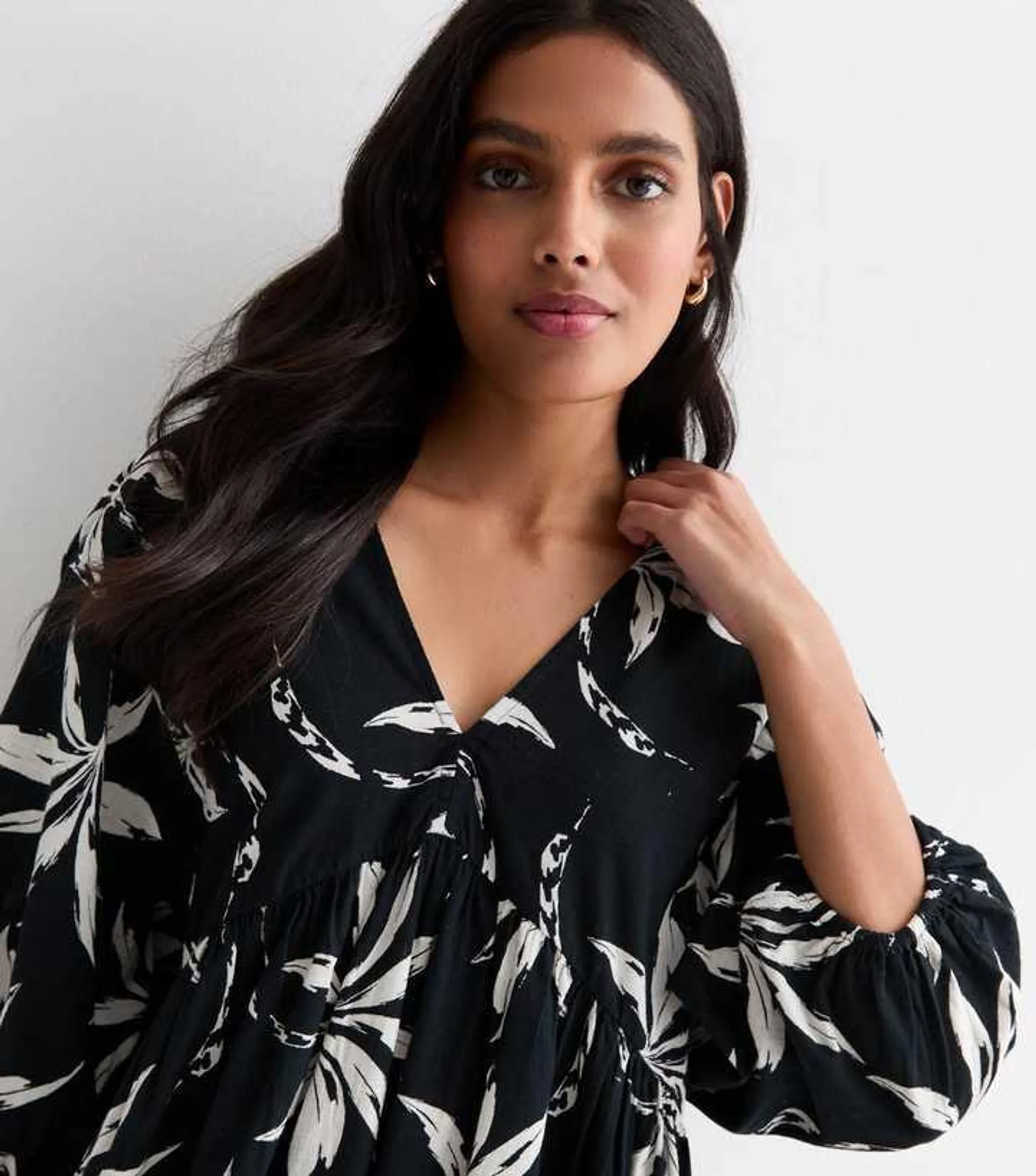 Black Palm Tree Print Cotton Smock Midi Dress