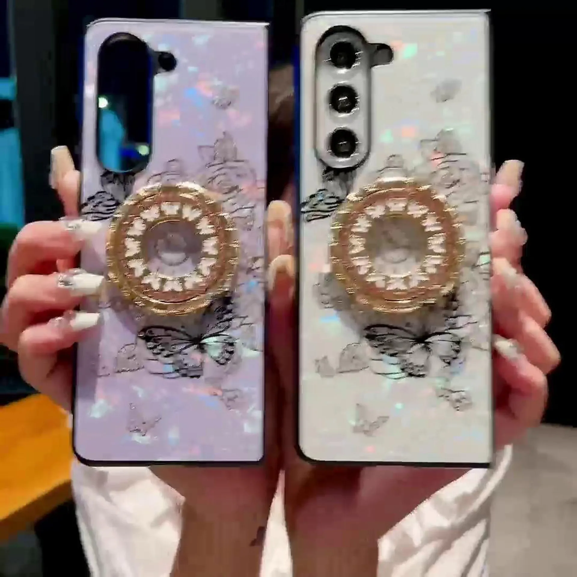 Phone Case For Samsung Galaxy Z Fold 5 Z Fold 4 Back Cover Magnetic Adsorption Ring Holder Bling Glitter Shiny Shockproof Butterfly Flower Floral TPU