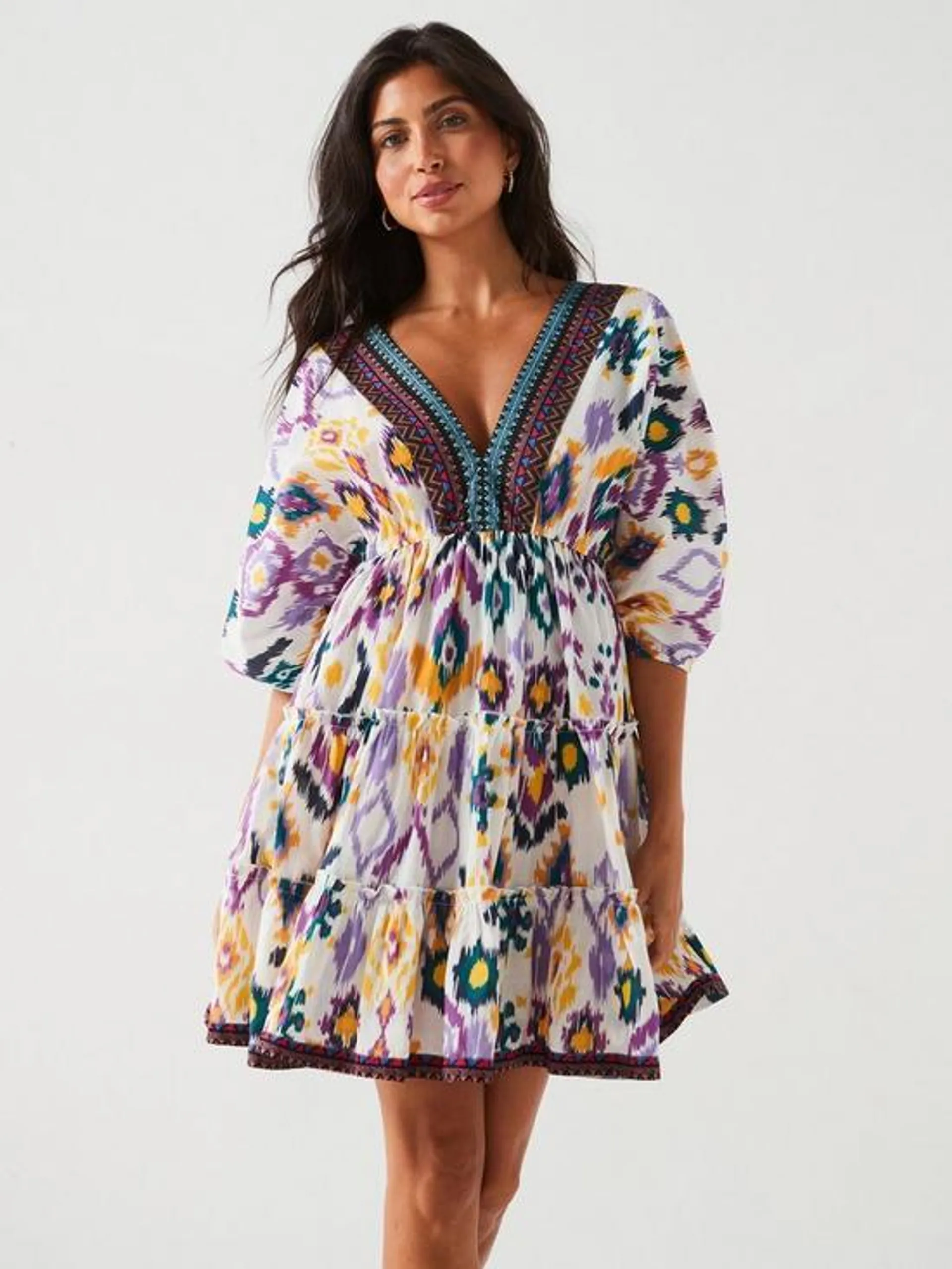 Printed V Neck Smock Beach Mini Dress