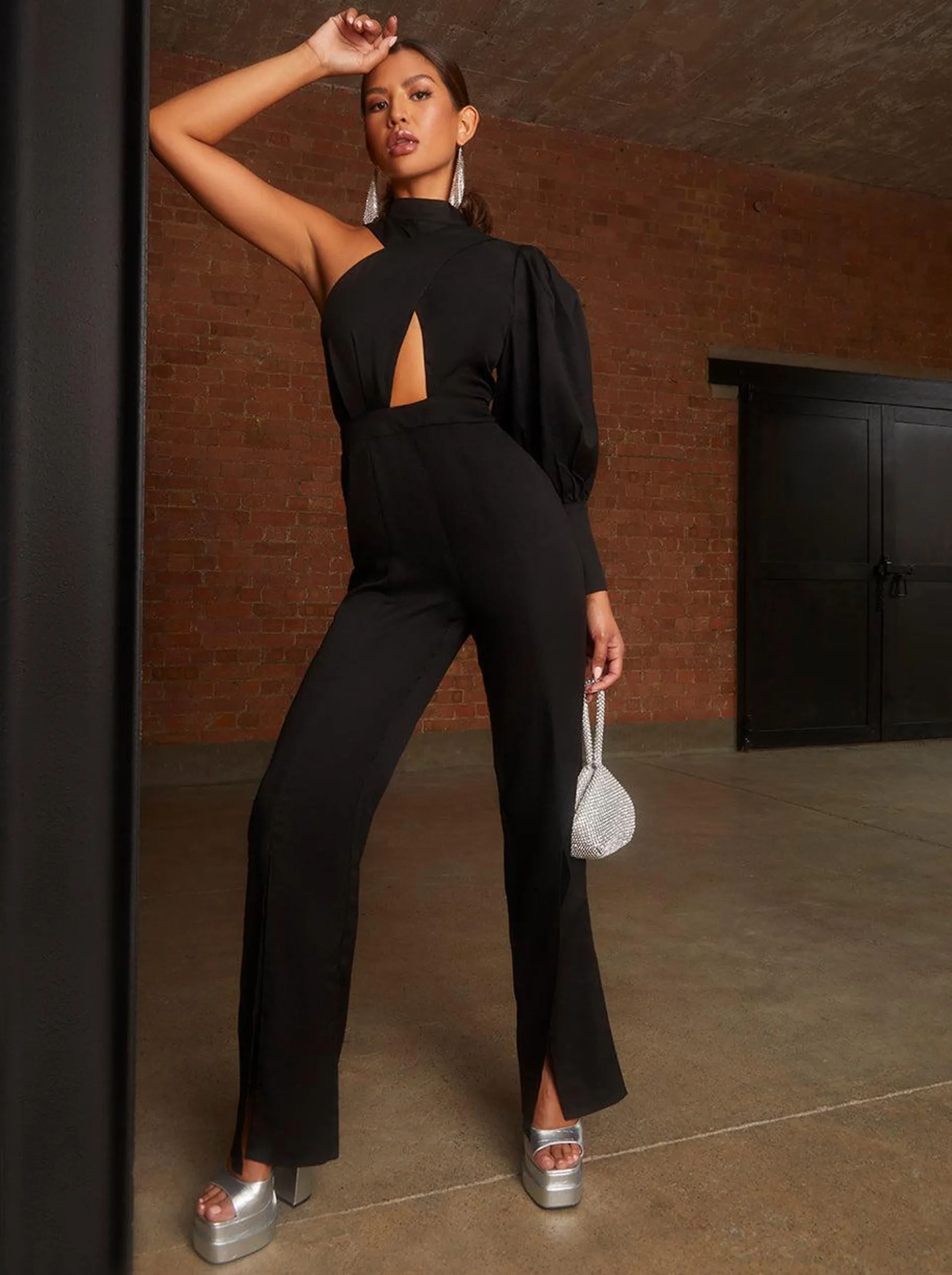 One Sleeve Cut-Out Jumpsuit in Black