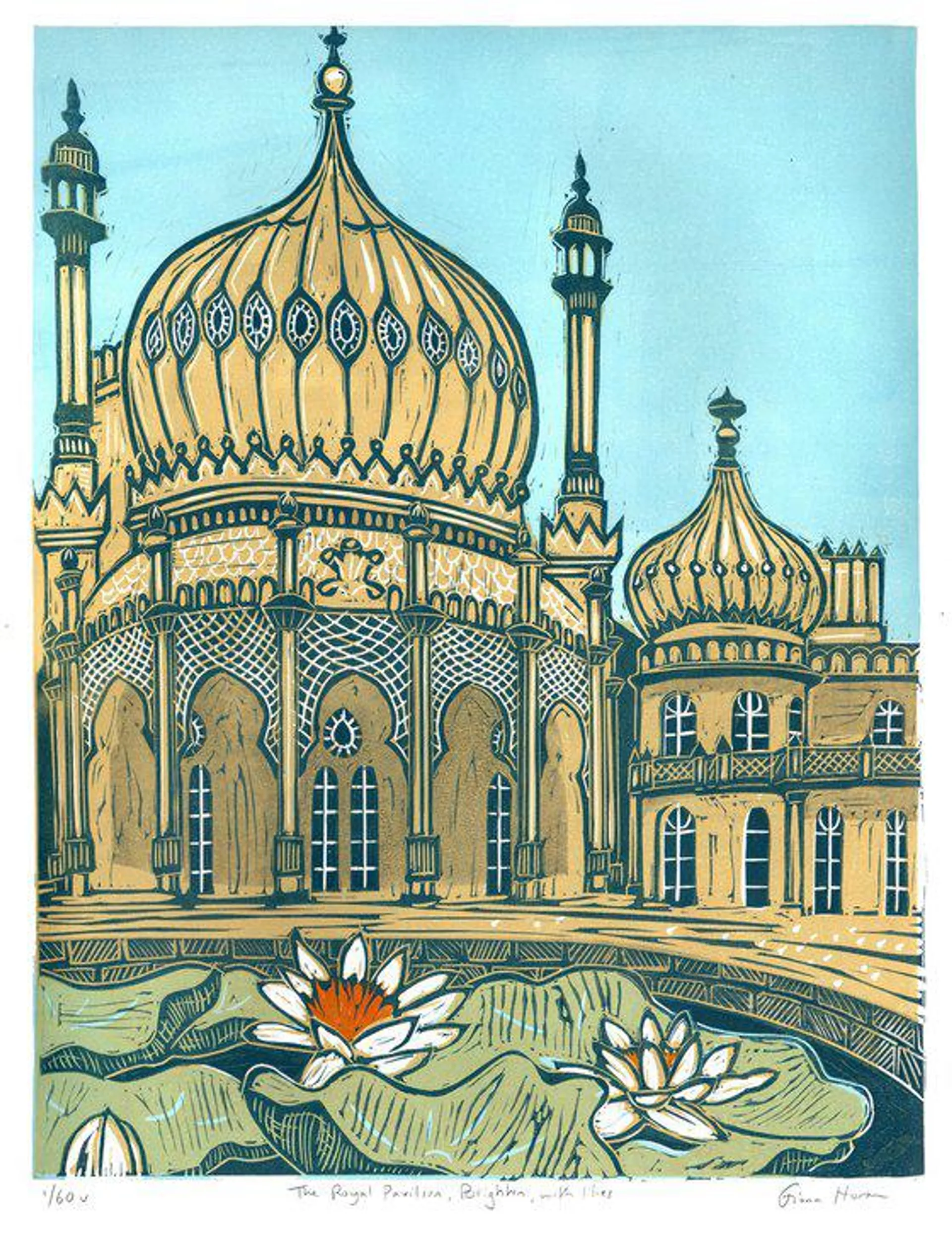 The Royal Pavilion, Brighton, with lilies. Large Limited Edition linocut No.1 (2020)