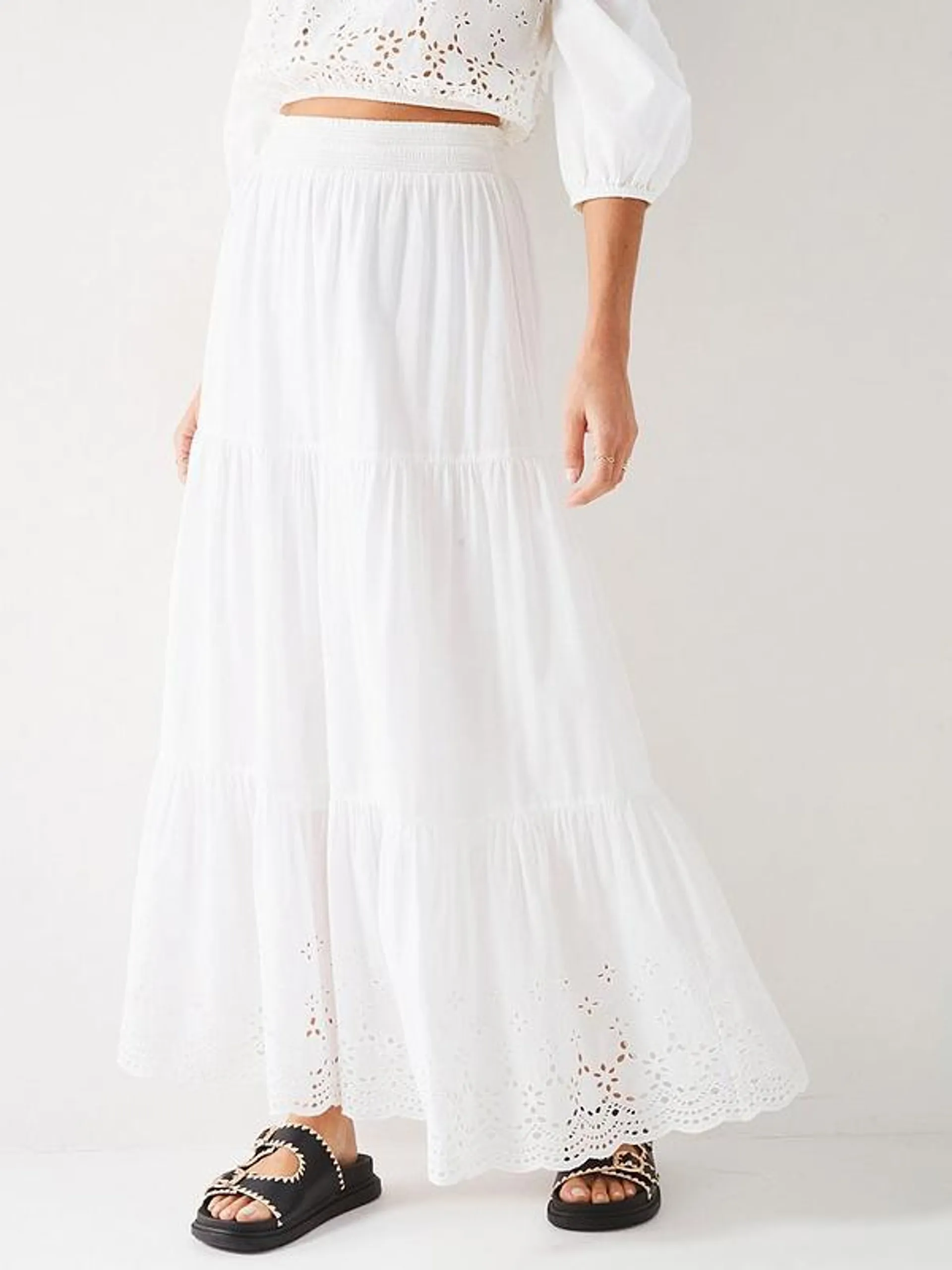 Broidery Hem Co Ord Tiered Maxi Skirt - White