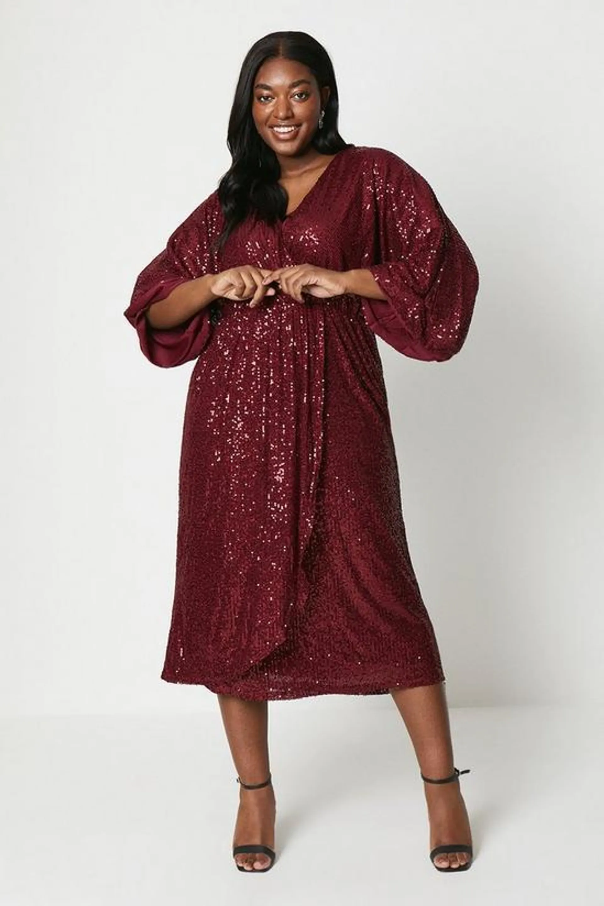 Curve Sequin Kimono Sleeve Midi Dress