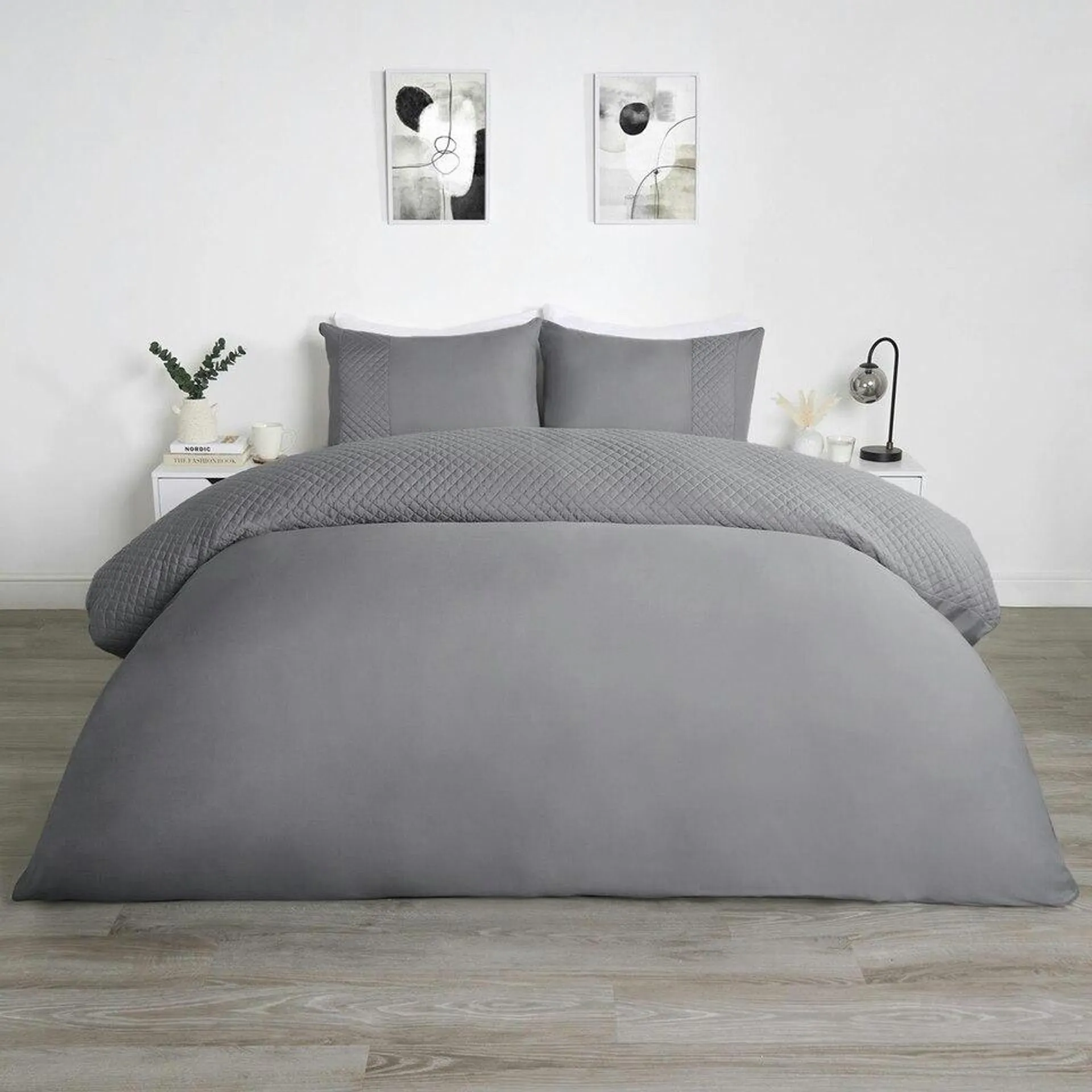 OHS Grid Pinsonic Panel Filled Duvet Quilt Cover Bedding Set, Super King - Charcoal