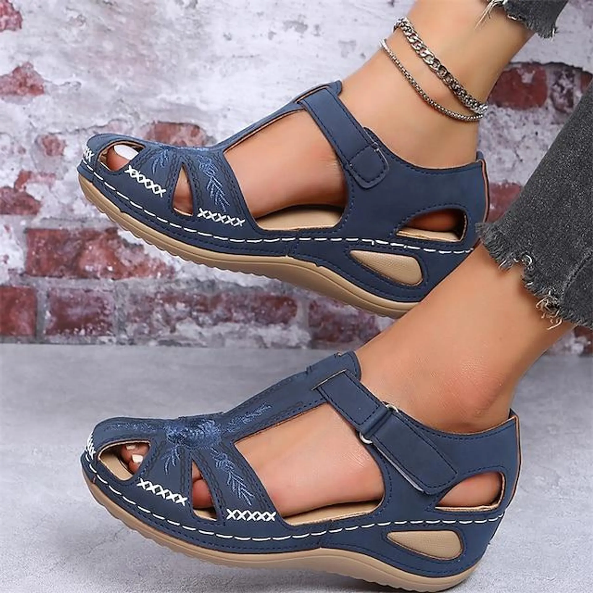 Women's Sandals Wedge Sandals Platform Sandals Outdoor Daily Beach Summer Embroidery Wedge Heel Round Toe Elegant Casual Minimalism Faux Leather Magic Tape Solid Color Blue