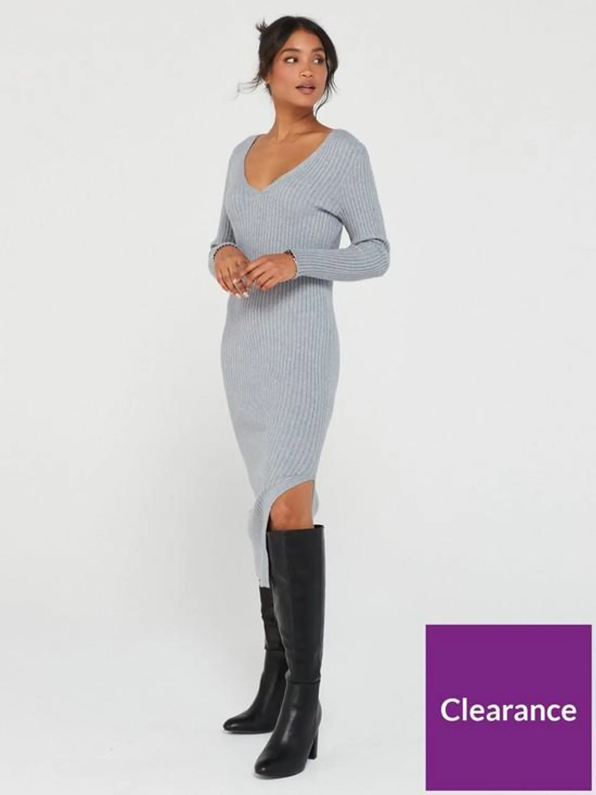 V-Neck Rib Midi Dress - Grey