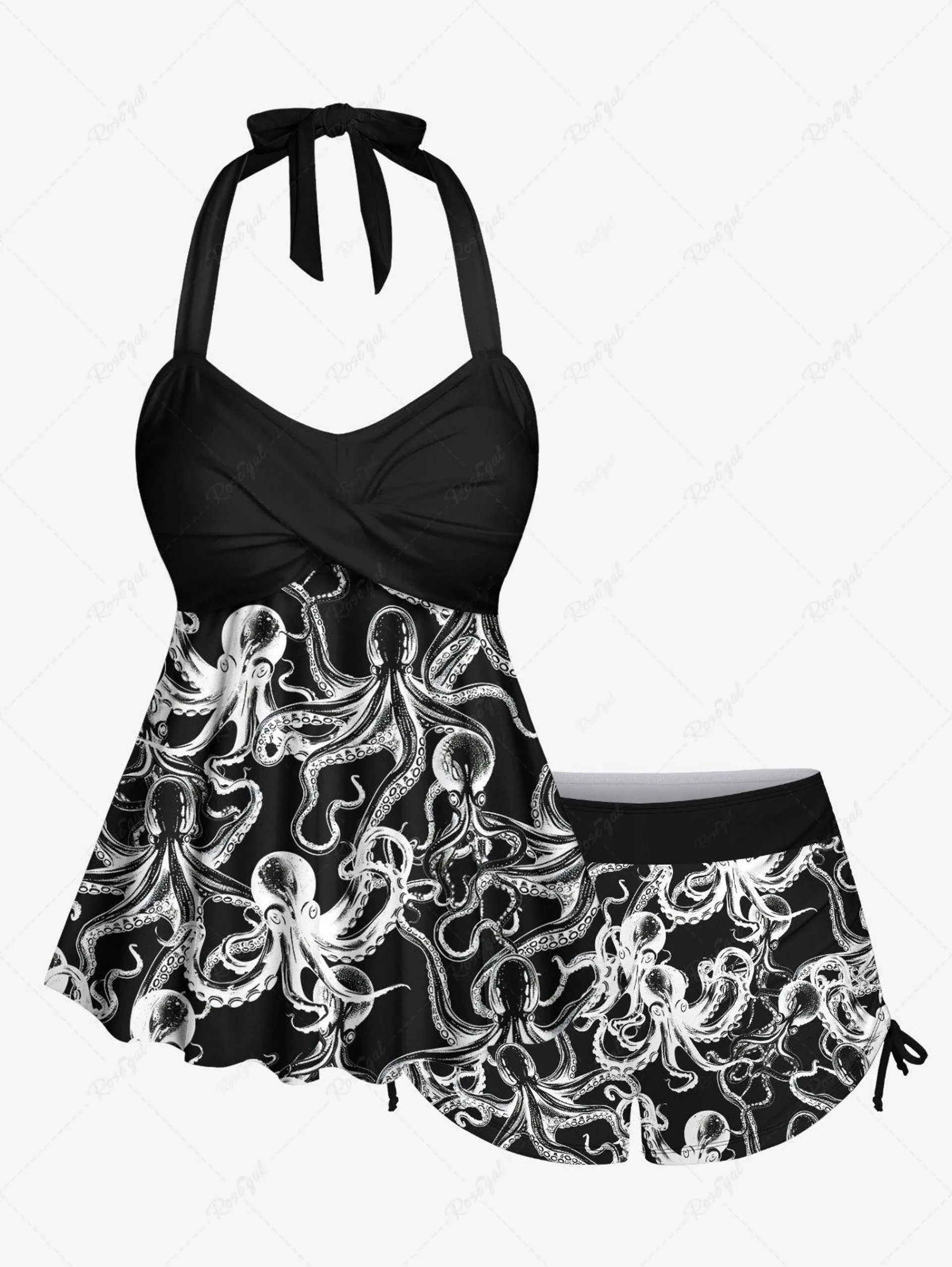 Plus Size X-Ray Octopus Print Twist Halter Backless Cinched Boyshort Tankini Swimsuit - 3x