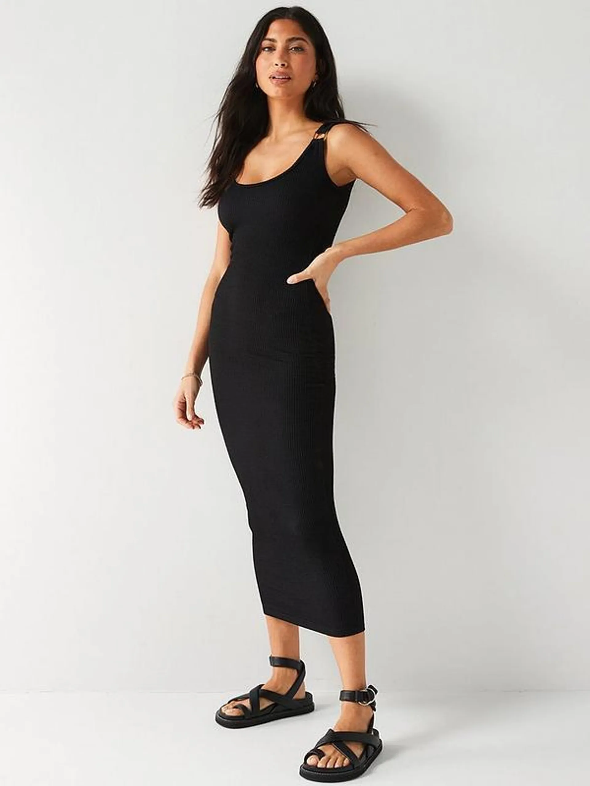 Bodycon Crinkle Midaxi Dress - Black