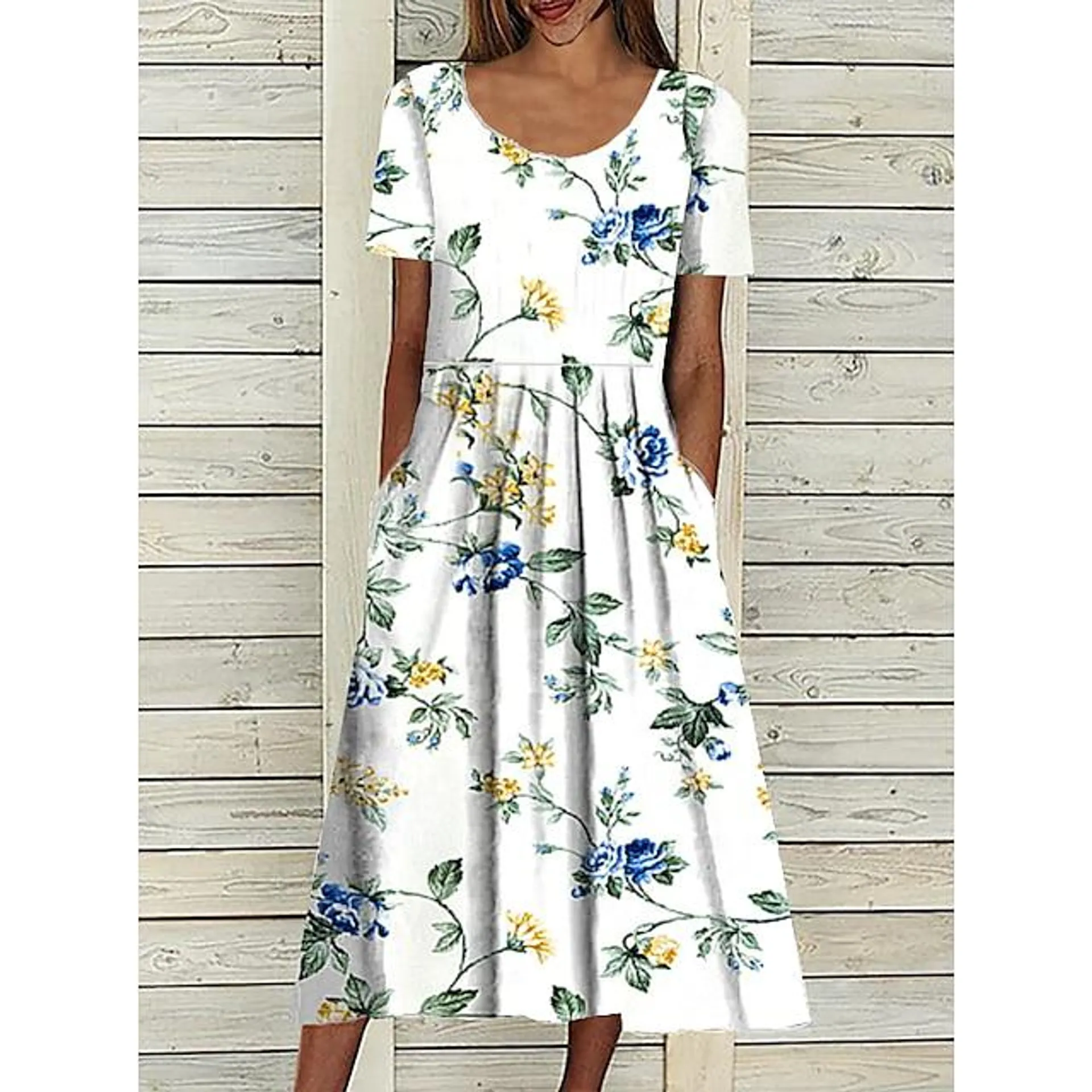 Women's Casual Dress Midi Dress White Short Sleeve Floral Ruched Spring Summer Crew Neck Basic Weekend Loose Fit 2023 S M L XL XXL 3XL