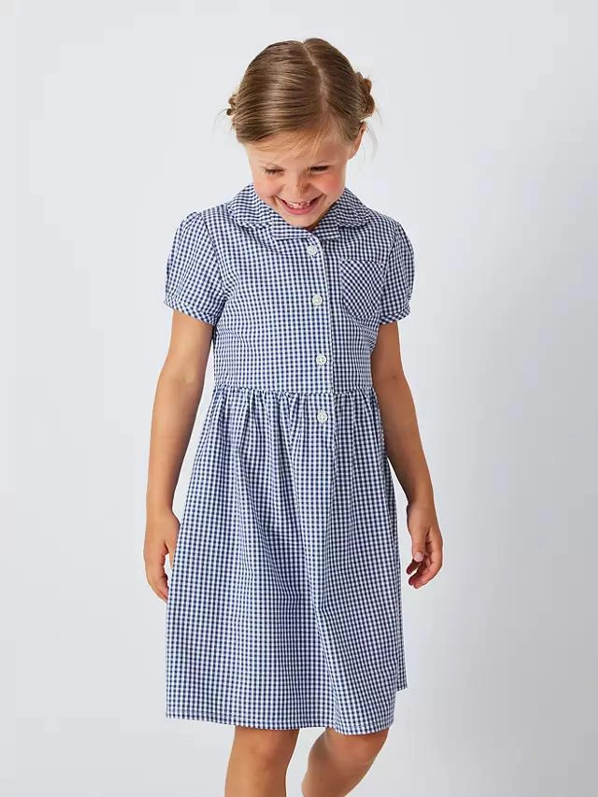 School Belted Gingham Checked Summer Dress, Blue Navy